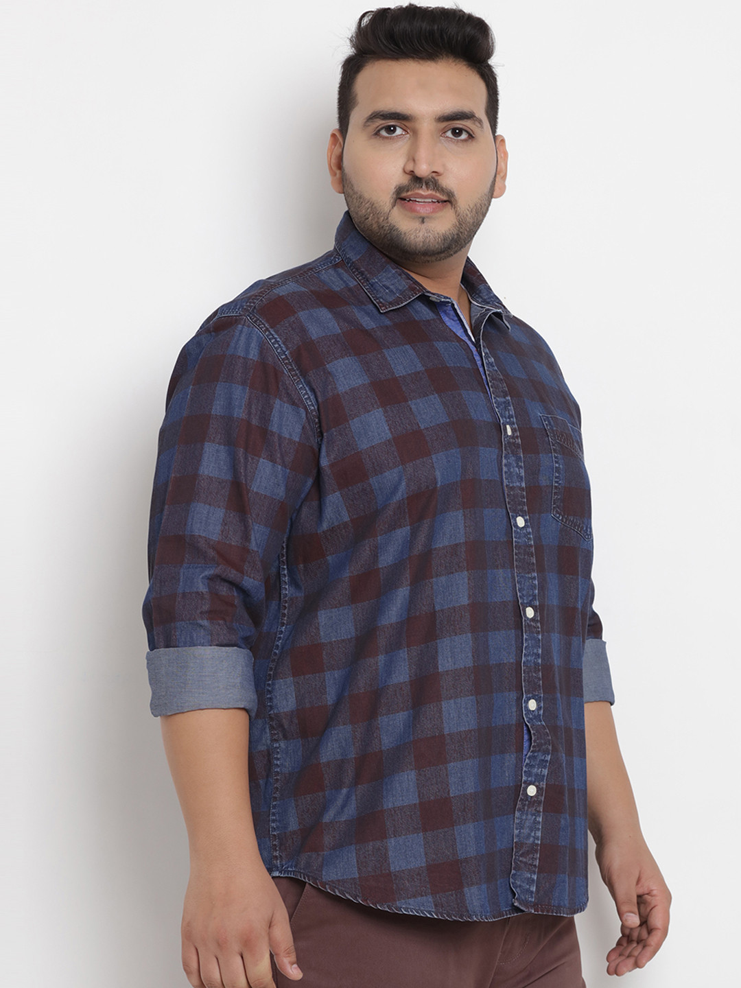 

John Pride Plus Size Men Blue Maroon Regular Fit Checked Denim Casual Shirt