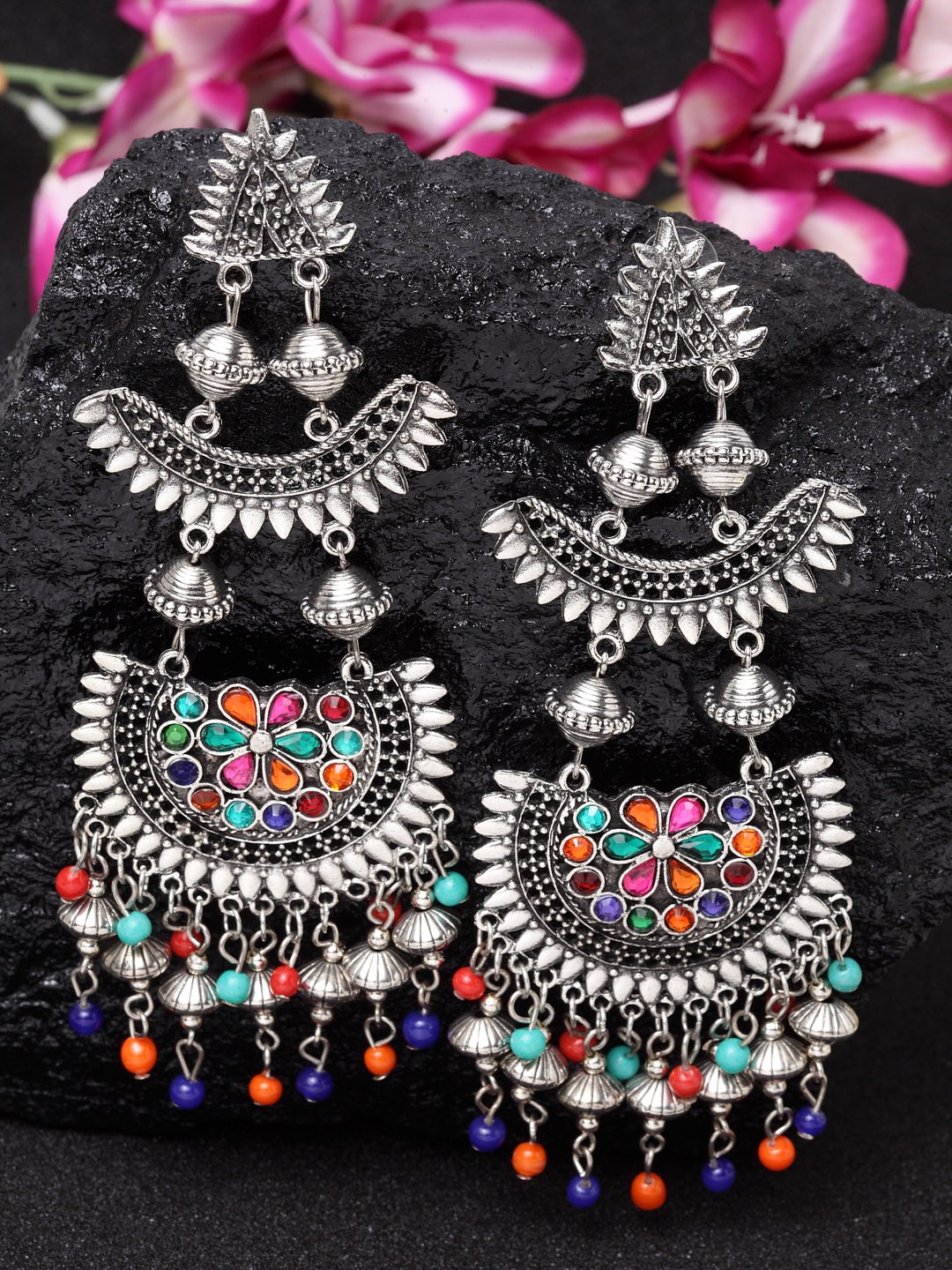 

Moedbuille Oxidised Silver-Plated Handcrafted Green Crescent Shaped Afghan Drop Earrings
