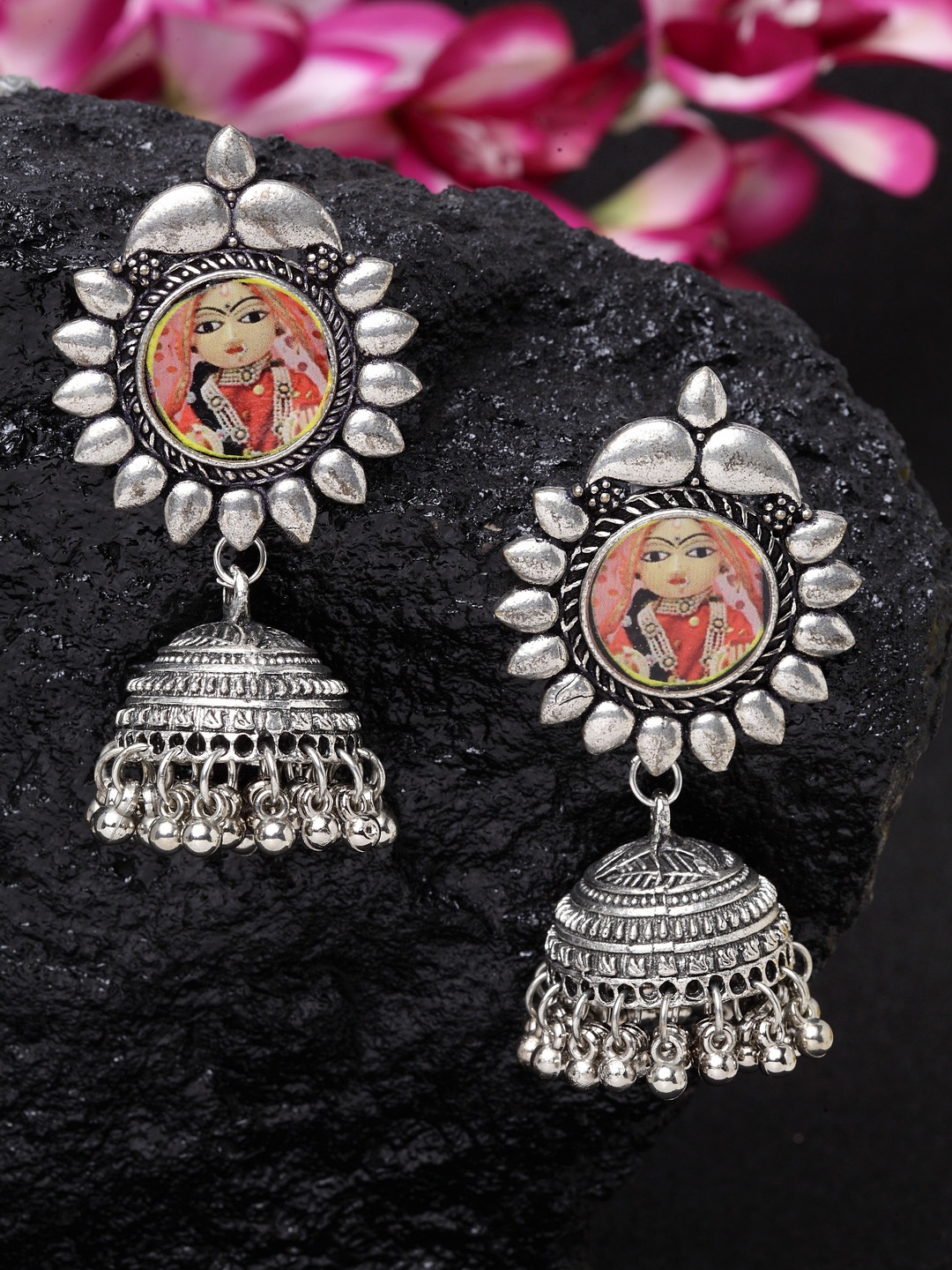

Moedbuille Silver-Toned Dome Shaped Handcrafted Jhumkas