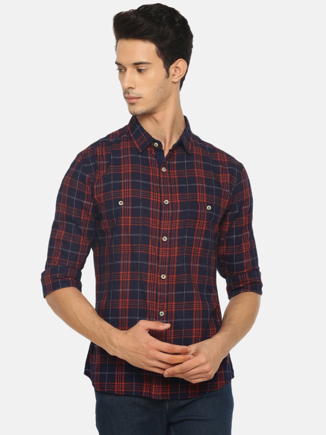 Celio Men Navy Blue & Maroon Slim Fit Checked Casual Shirt