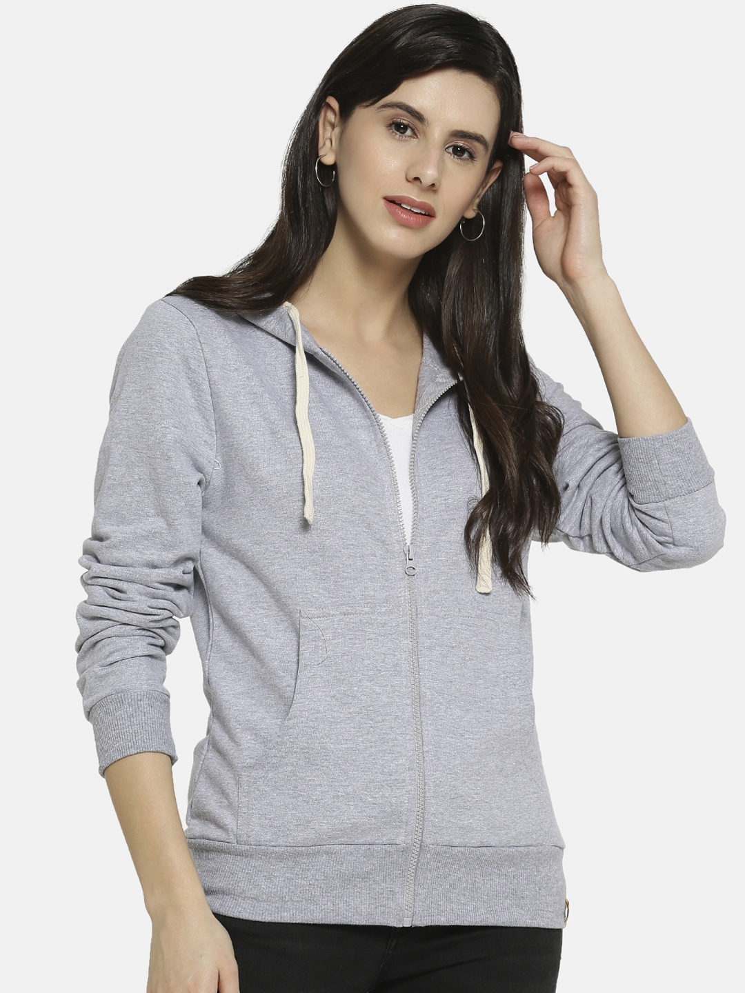 

Campus Sutra Women Grey Melange Solid Hooded Sweatshirt