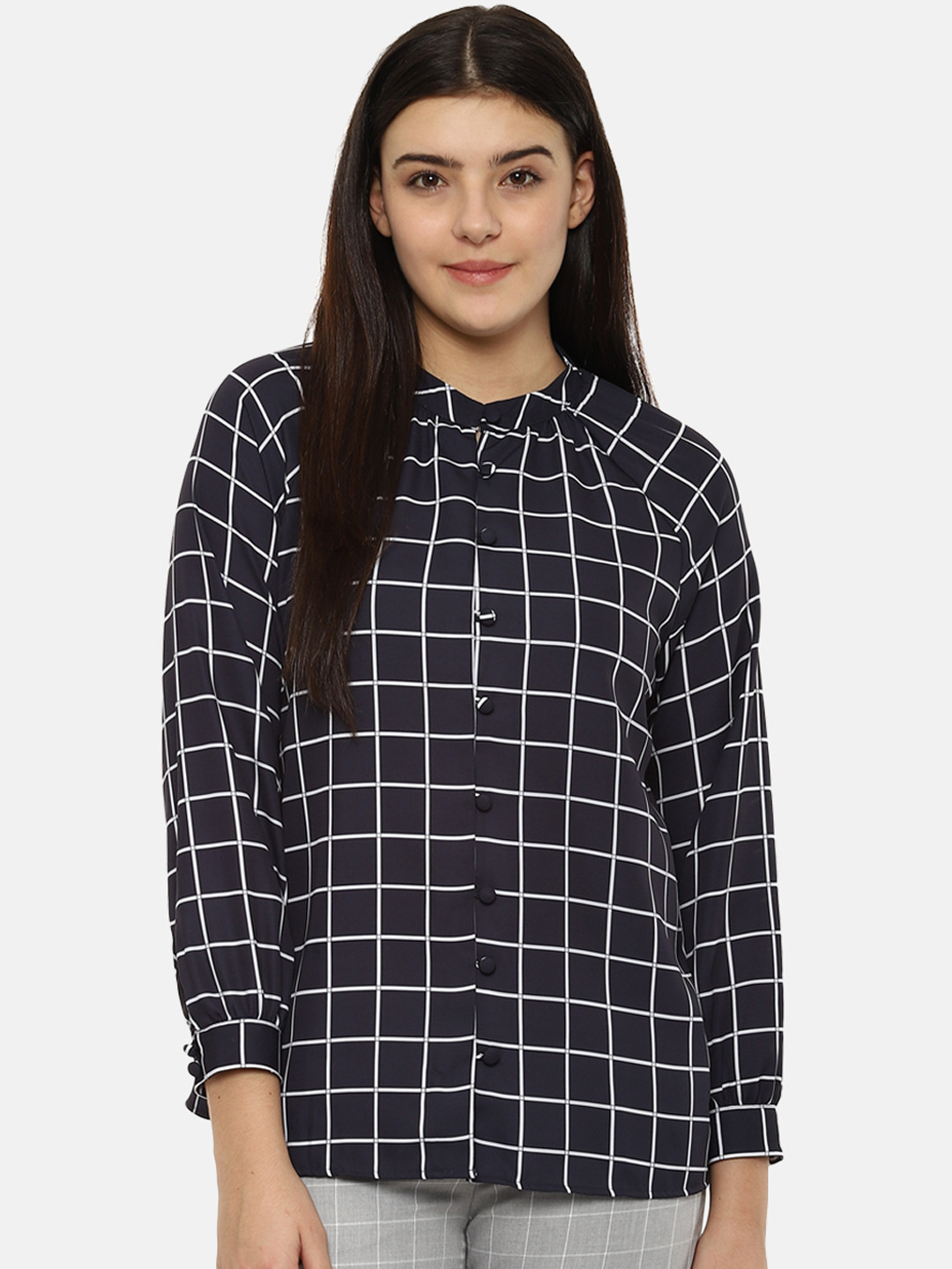 

Van Heusen Woman Women Navy Blue & White Regular Fit Checked Casual Shirt