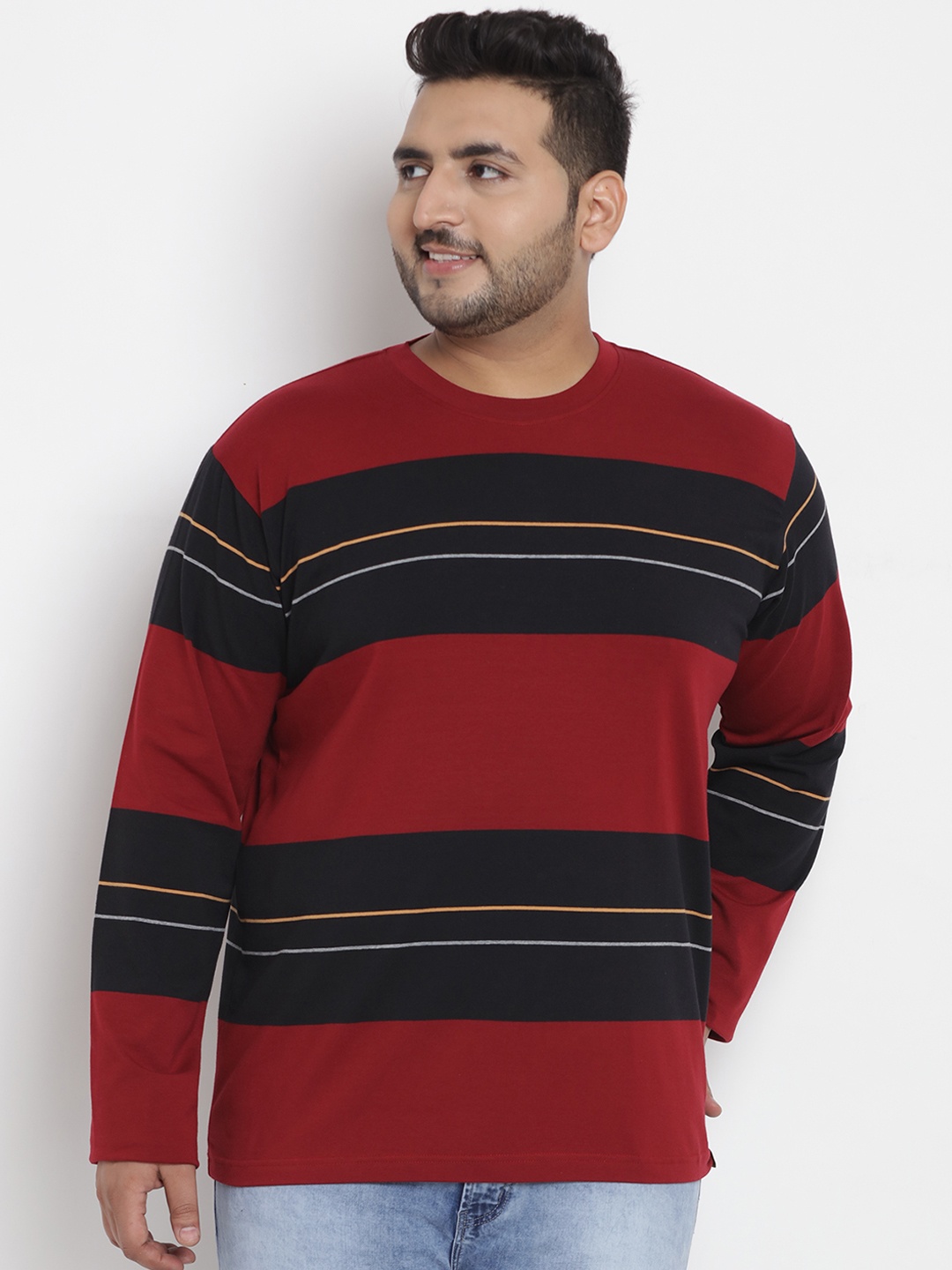 

John Pride Plus Size Men Maroon Black Striped Stretchable Round Neck T-shirt