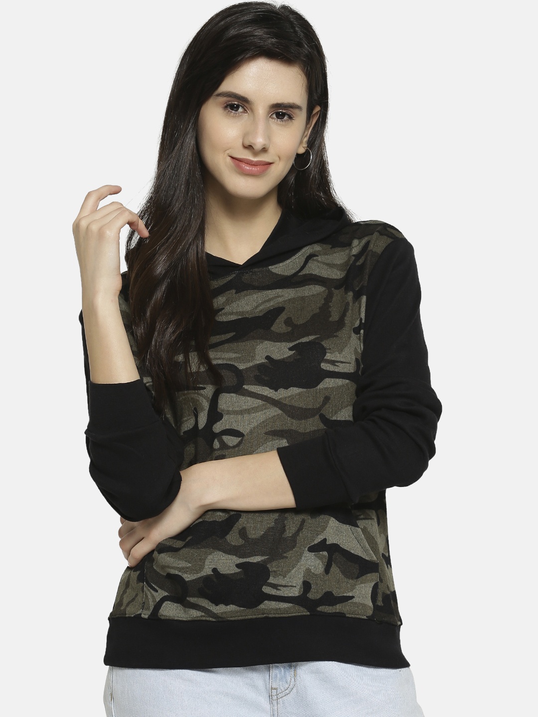 

Campus Sutra Women Olive Green & Black Camouflage Printed Hooded Sweatshirt