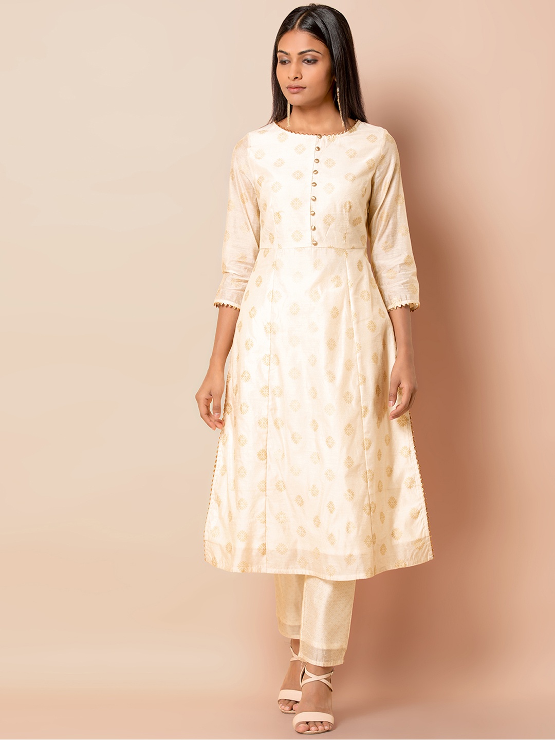 

INDYA Women Cream-Coloured Self Design Kurta with Trousers
