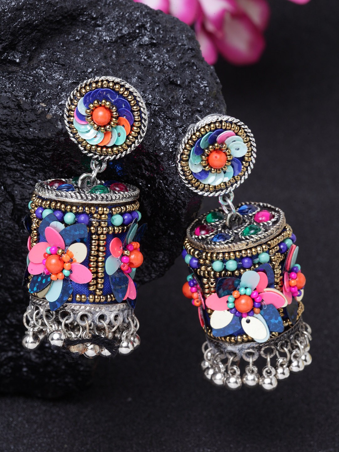 

Moedbuille Silver-Plated Multicoloured Handcrafted Layered Afghan Dome Shaped Jhumkas, Multi