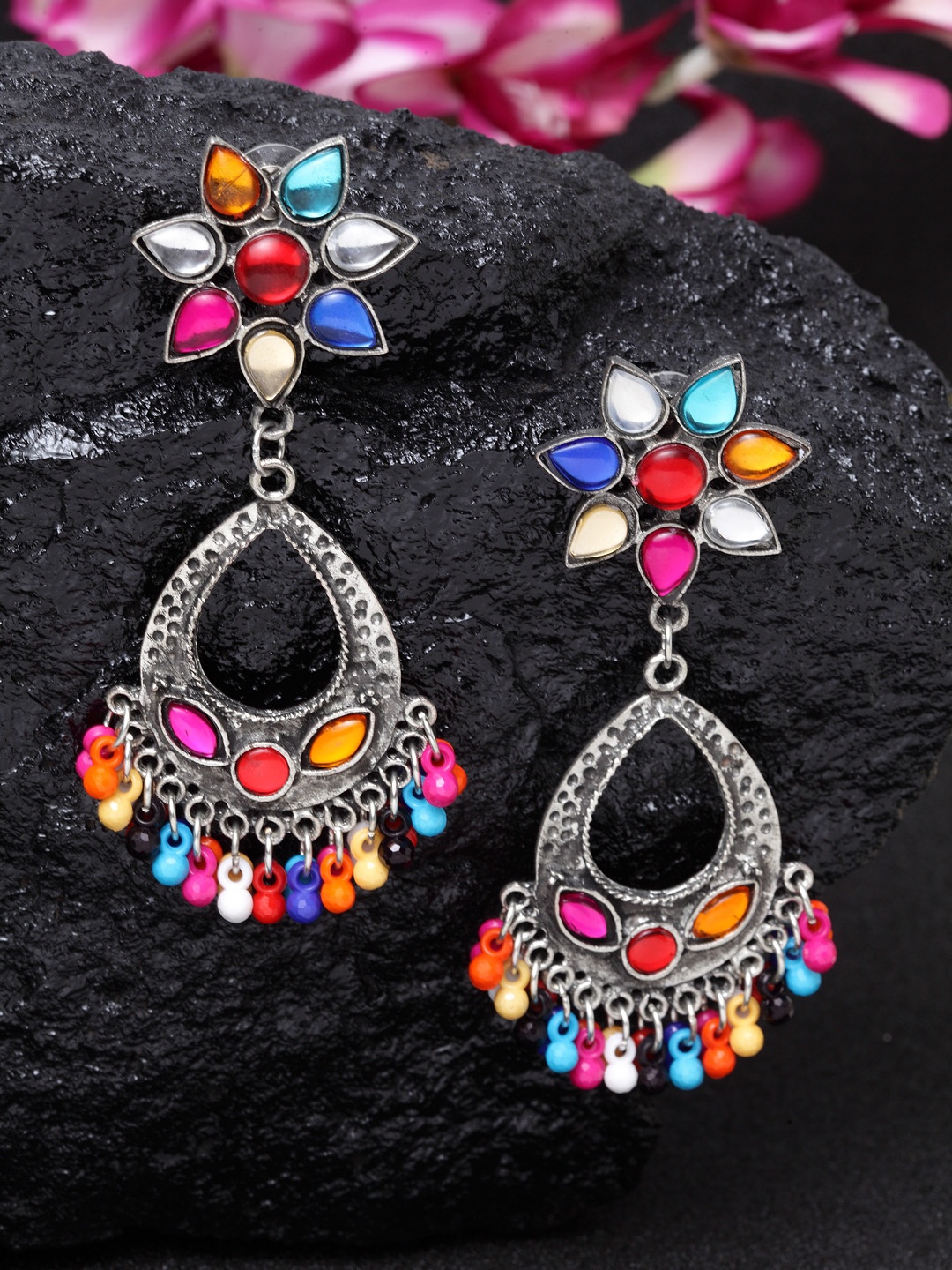 

Moedbuille Multicoloured & Silver-Toned Floral Drop Earrings, Multi