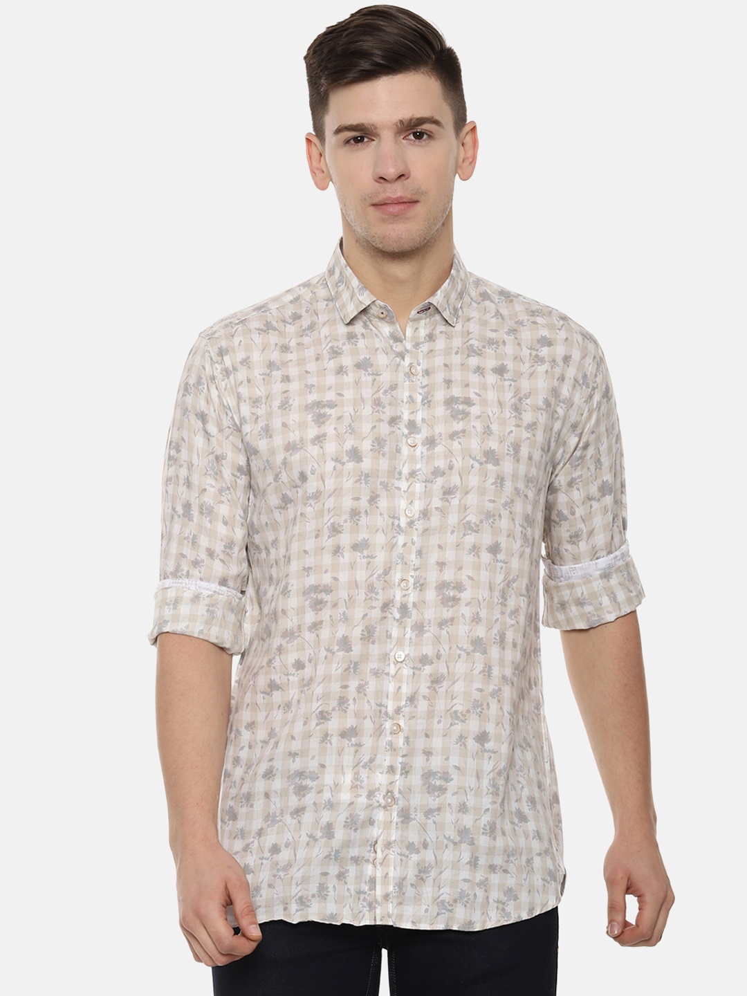 

V Dot Men Beige & White Slim Fit Printed Casual Shirt