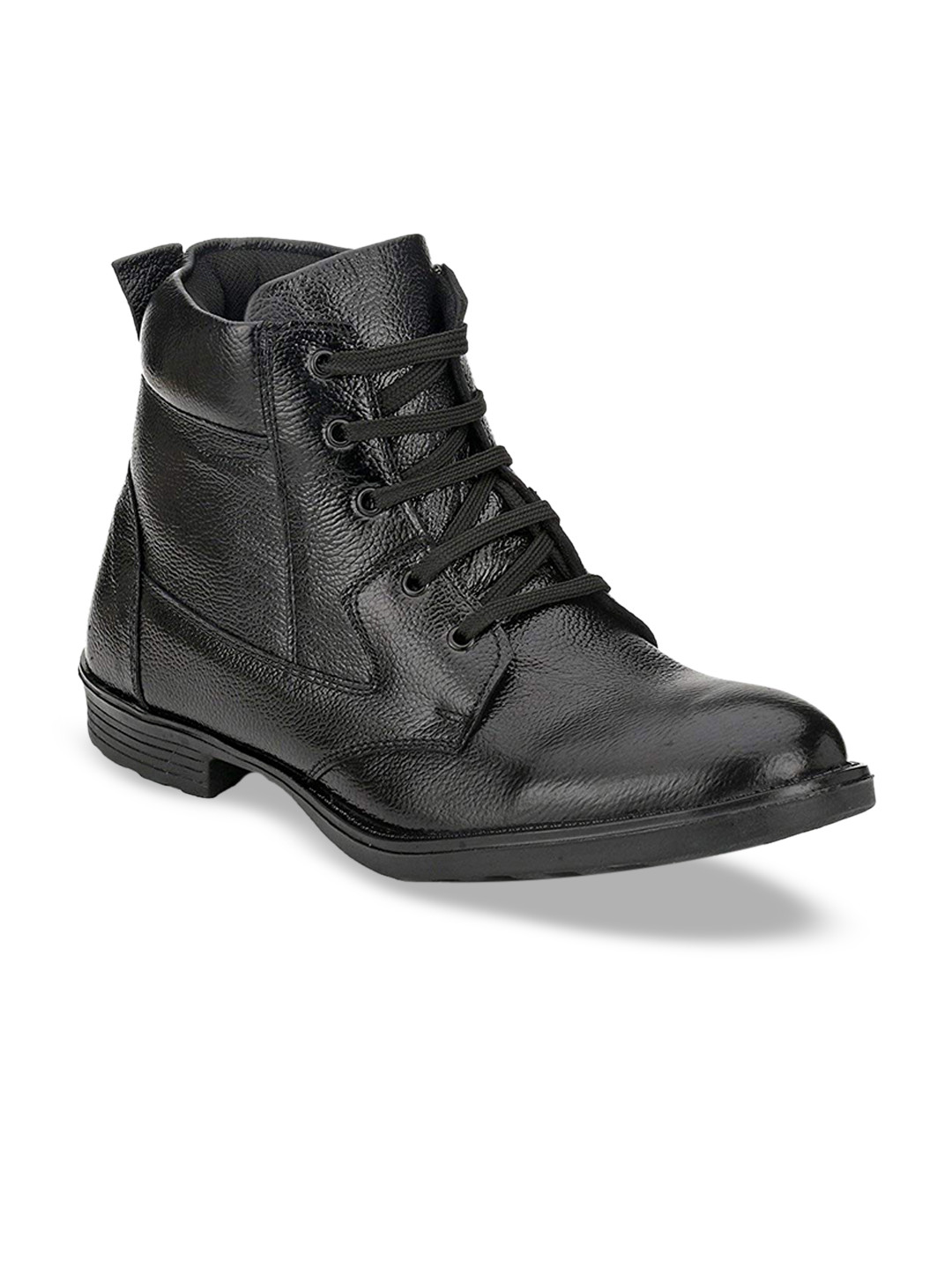 

Mactree Men Black Solid Leather Mid-Top Flat Boots
