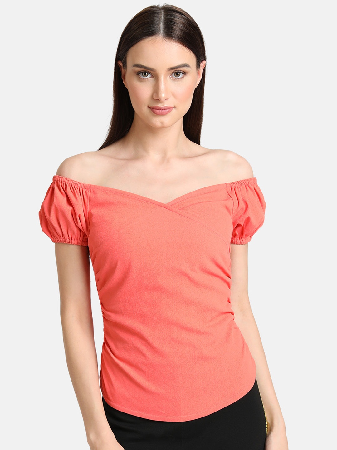 

Kazo Women Peach-Coloured Solid Bardot Top