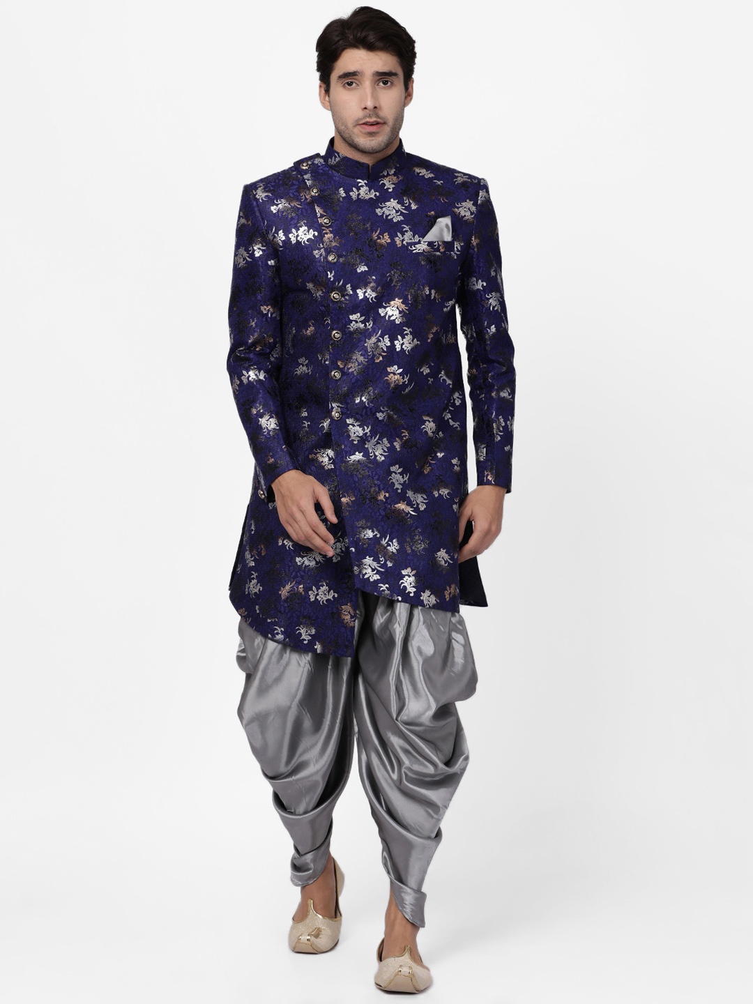 

VASTRAMAY Men Blue & Silver-Coloured Silk Sherwani with Dhoti Pants