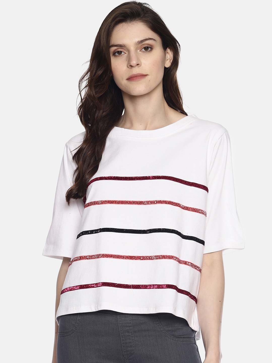 

AARA Women White Embellished Boxy Top