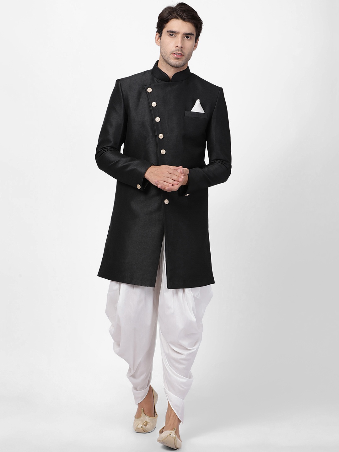 

VASTRAMAY Men Black & White Silk Sherwani with Dhoti Pants