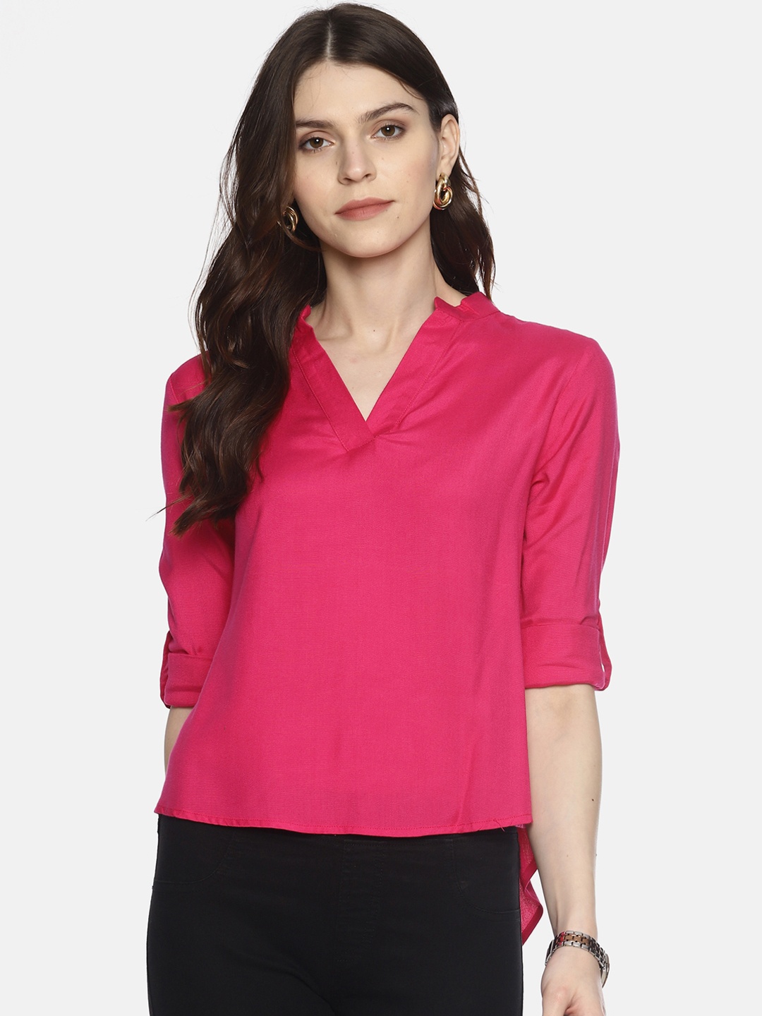 

AARA Women Pink Solid High-Low Top