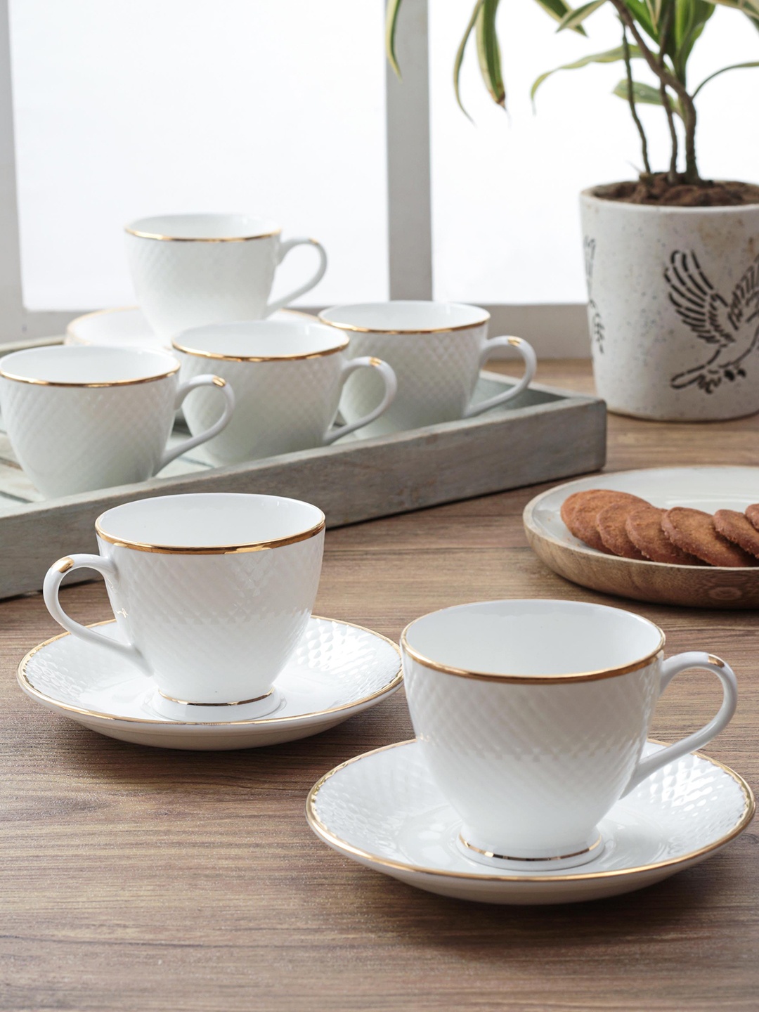 CLAY CRAFT White Set of 6 Bone China Cups and Saucers