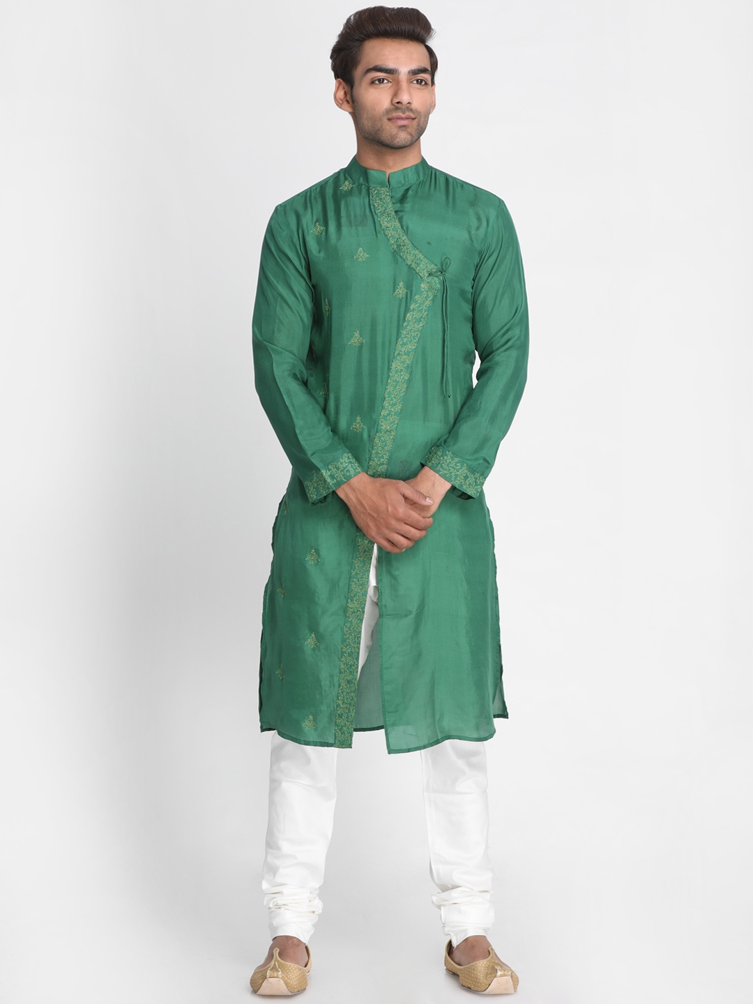

Nakshi Men Green Embroidered Pure Silk Straight Kurta