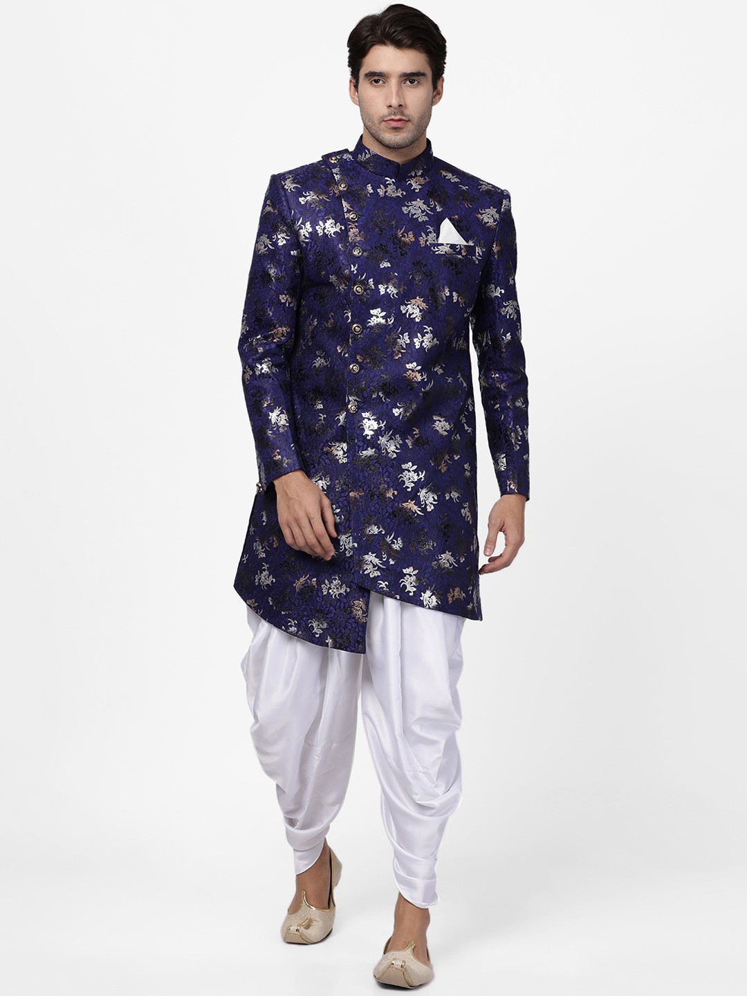 

VASTRAMAY Men Blue & White Silk Sherwani with Dhoti Pants