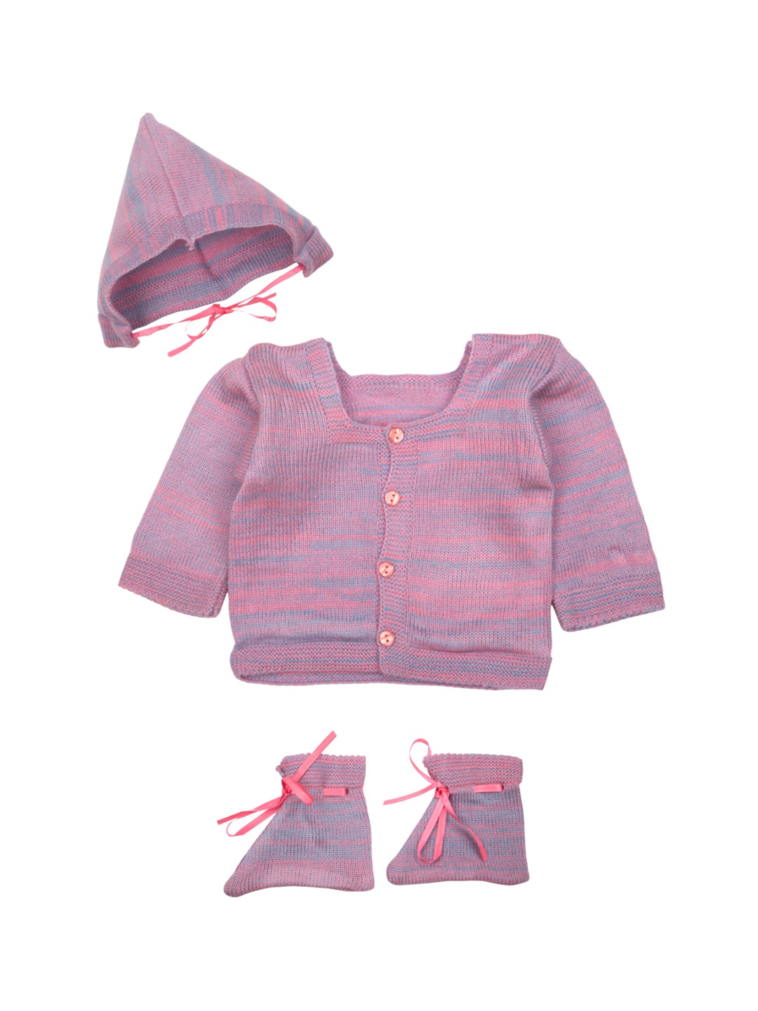 

MeeMee Kids Pink & Blue Striped Cardigan with Booties & Cap