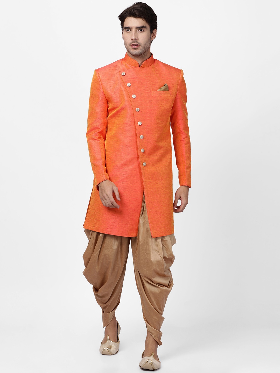 

VASTRAMAY Men Orange & Gold-Coloured Silk Sherwani with Dhoti Pants