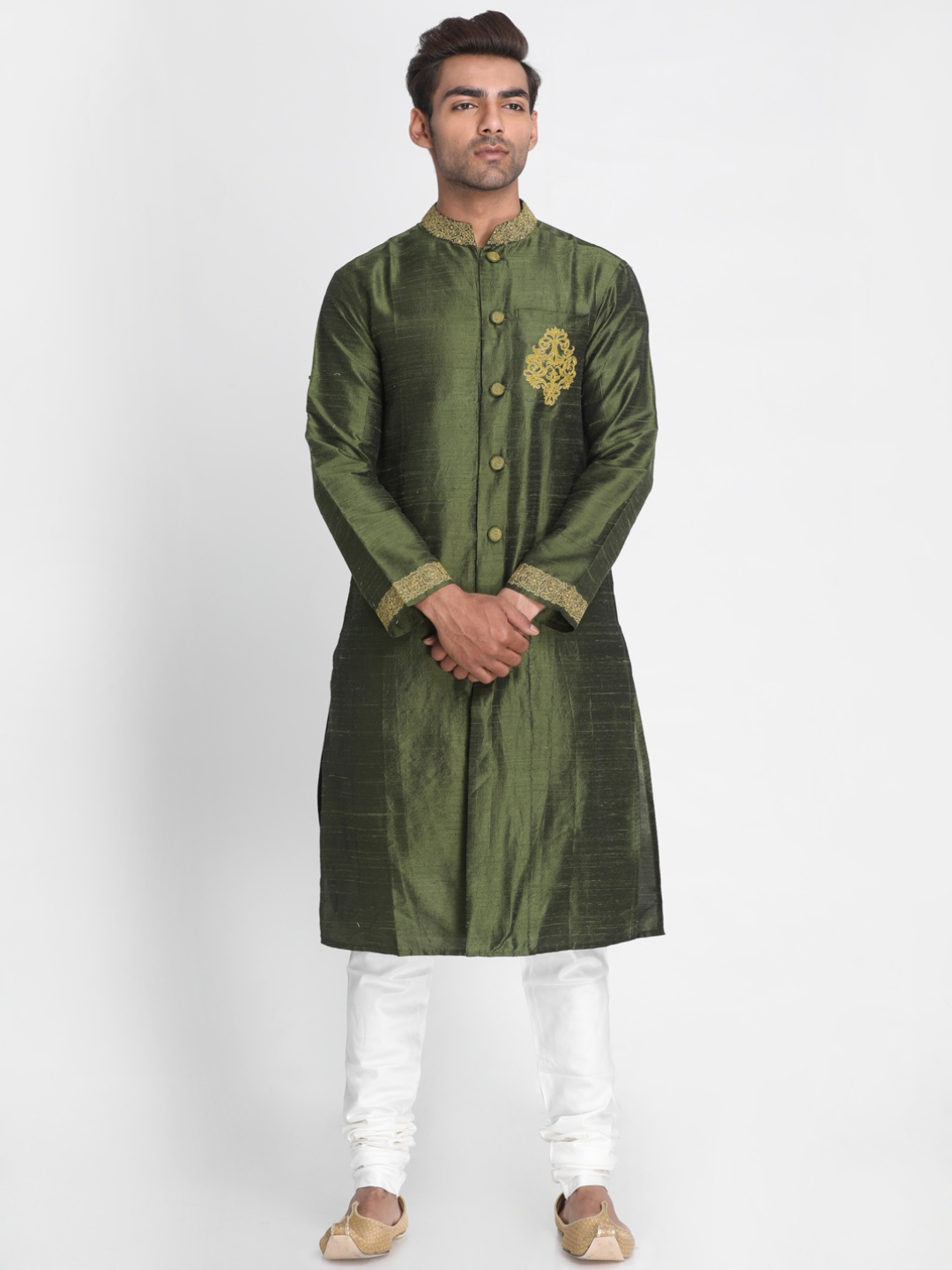 Nakshi Men Olive Green Solid Dupion Silk Straight Kurta