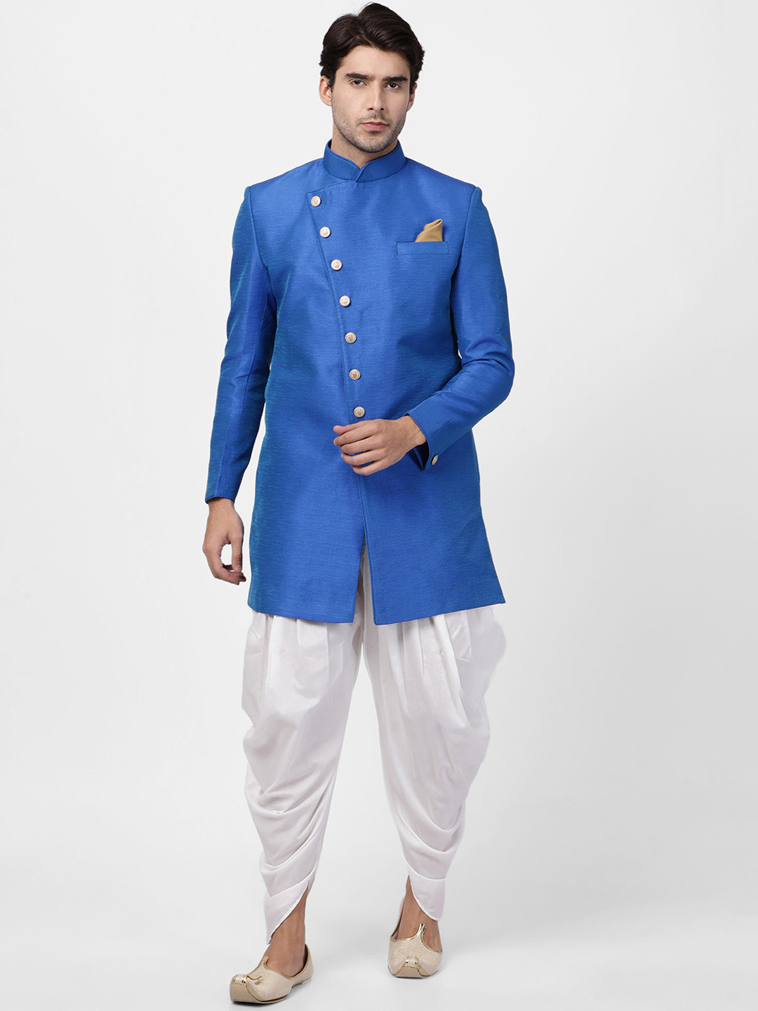 

VASTRAMAY Men Black & White Silk Sherwani with Dhoti Pants