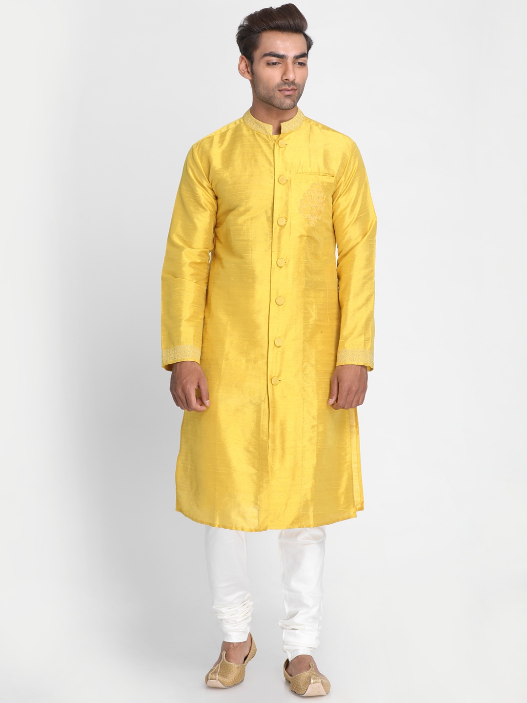 Nakshi Men Yellow Solid Dupion Silk Straight Kurta