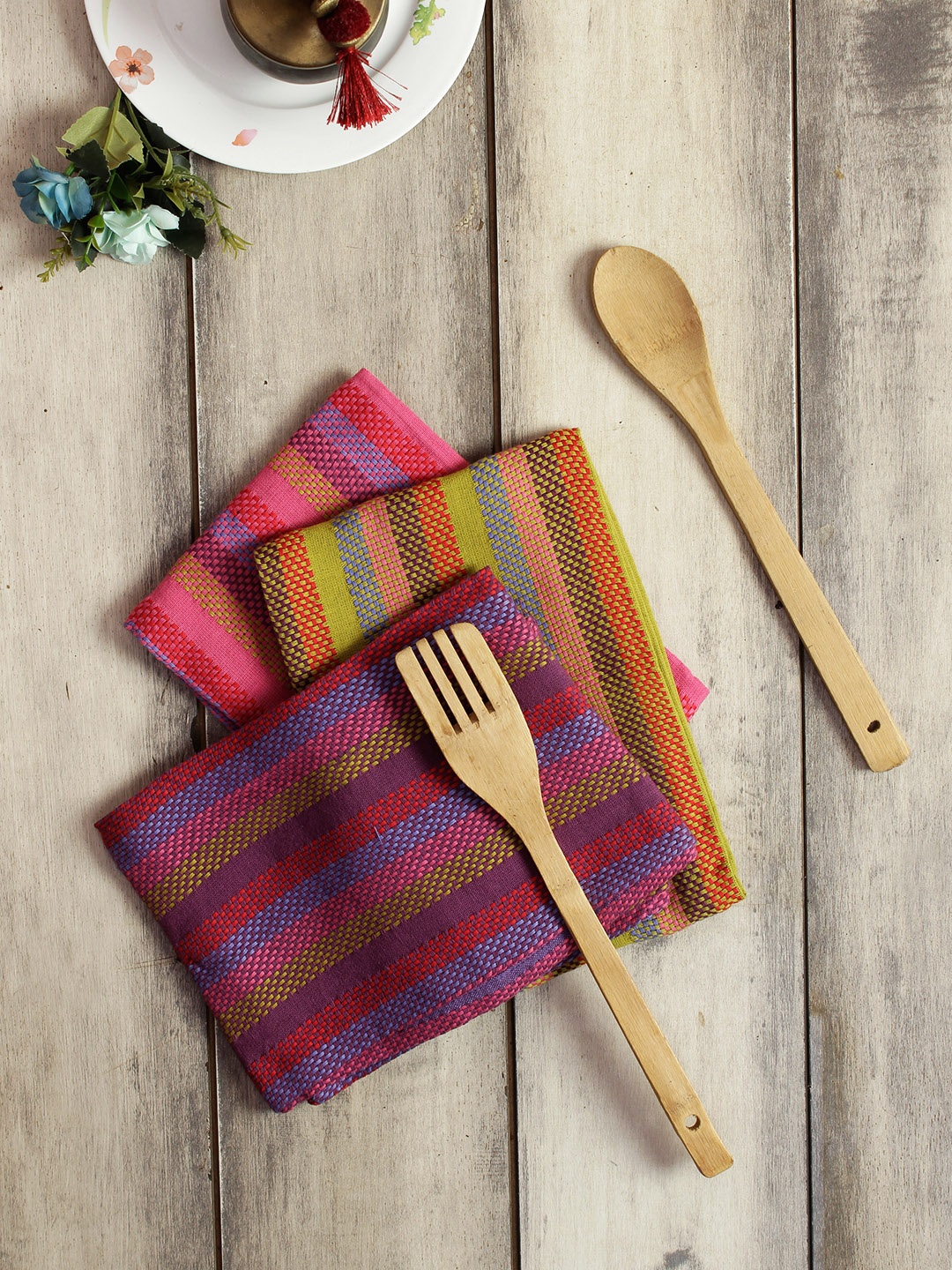 Soumya Set of 3 Multicoloured Striped Kitchen Towels, Multi