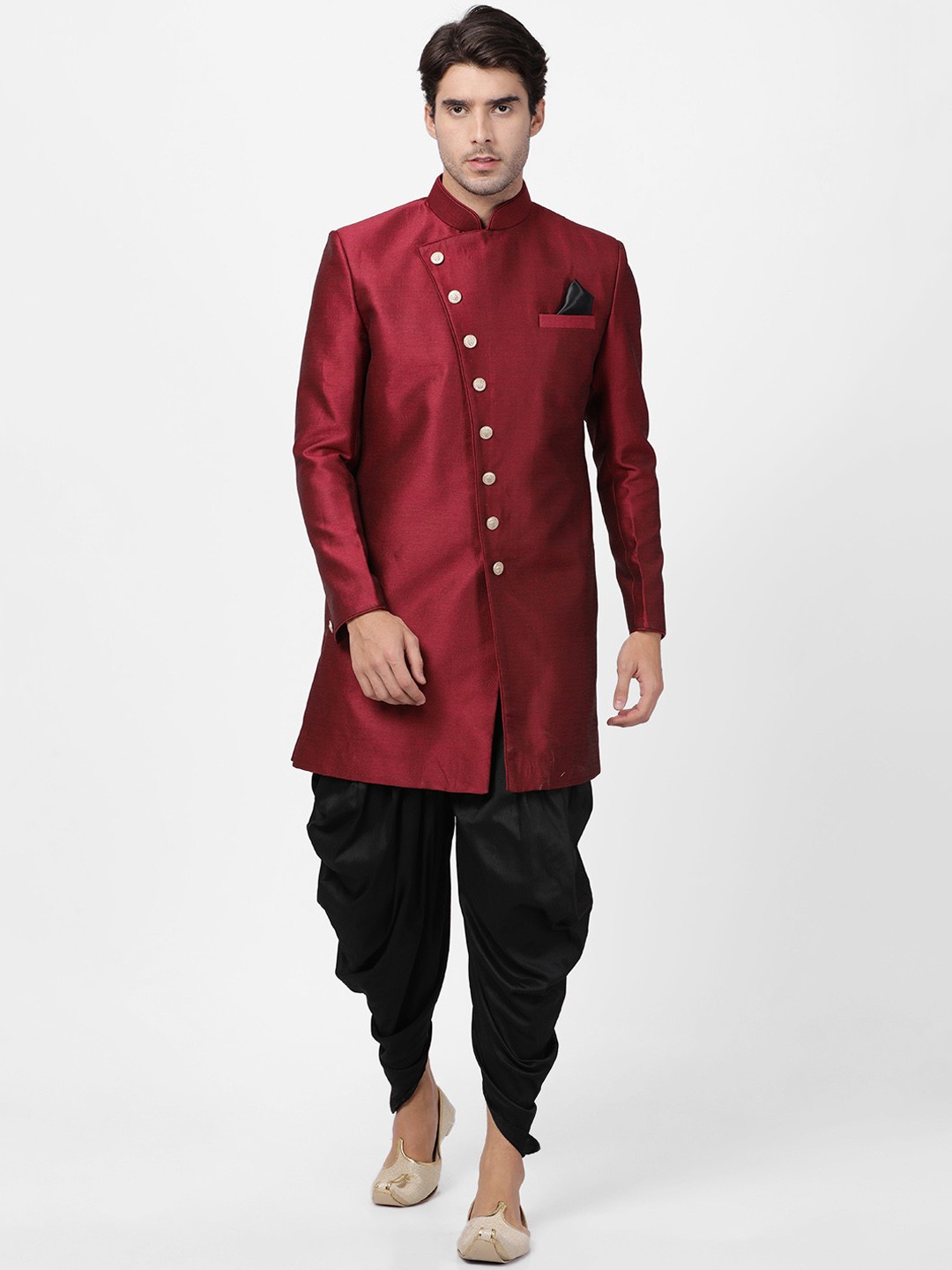 

VASTRAMAY Men Maroon & Black Silk Sherwani with Dhoti Pants