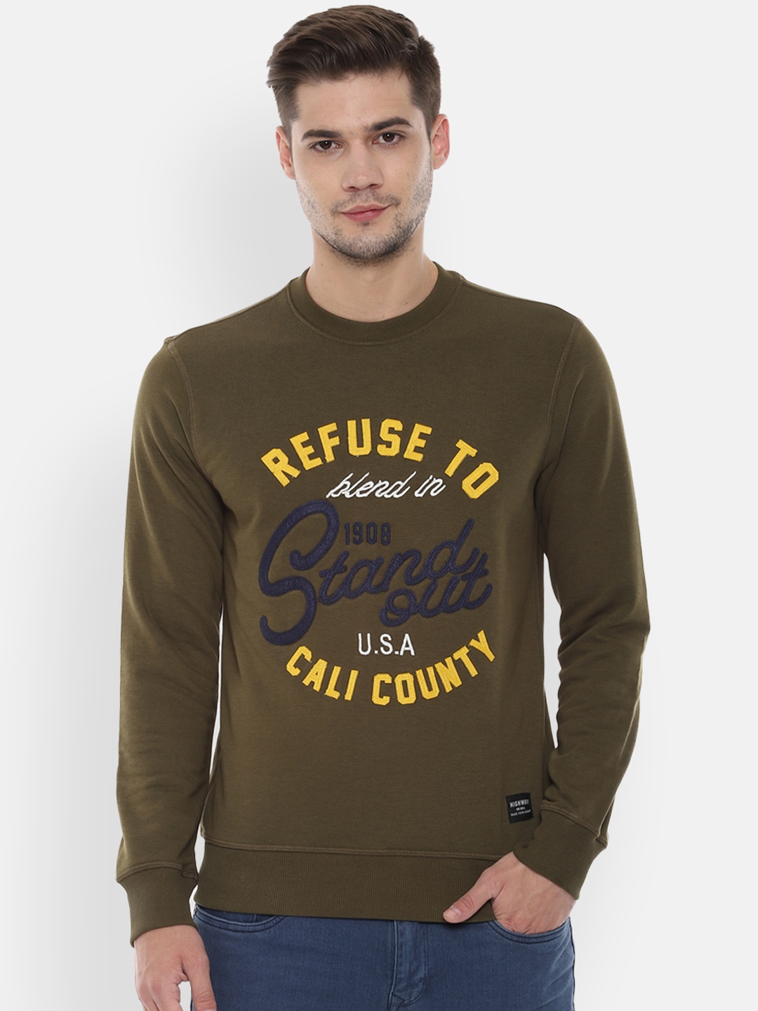 

People Men Olive Green & Yellow Self Design Sweatshirt