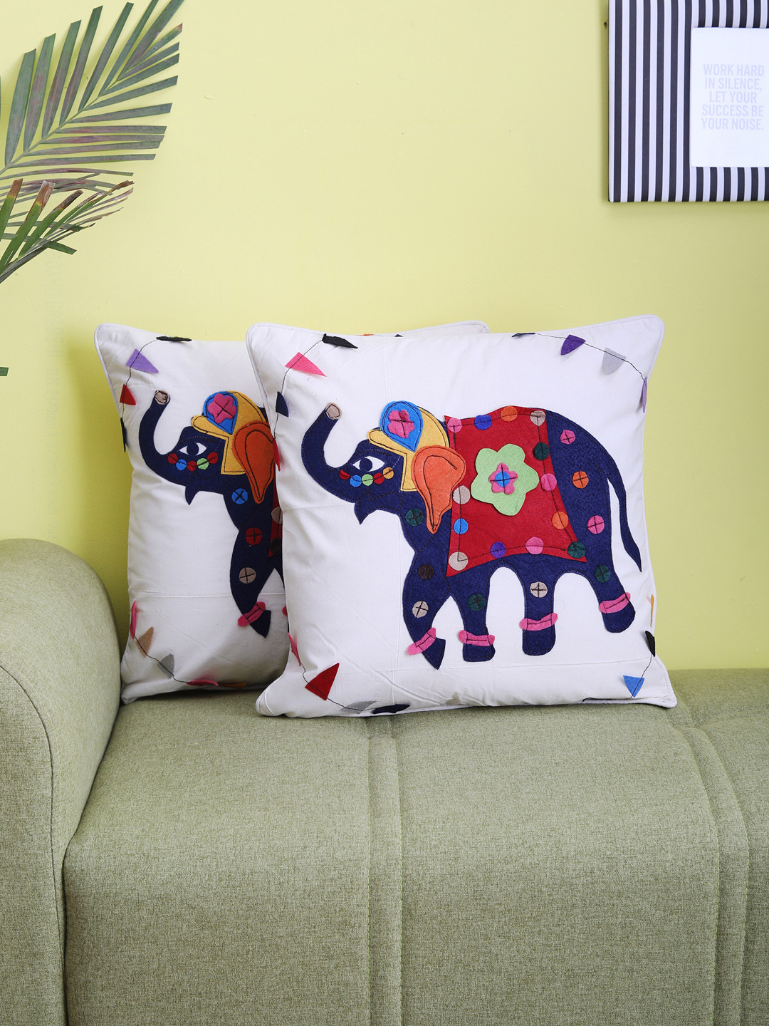 

VarEesha White & Blue Set of 2 Elephant Patch Work Square Cushion Covers