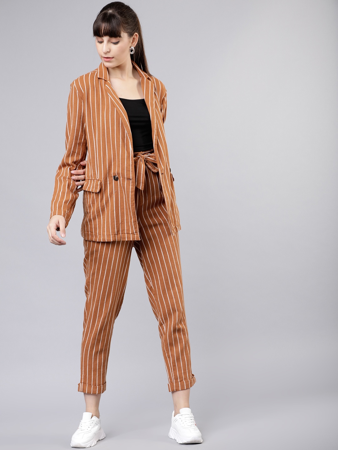 

Tokyo Talkies Women Brown & White Striped Coat with Trousers