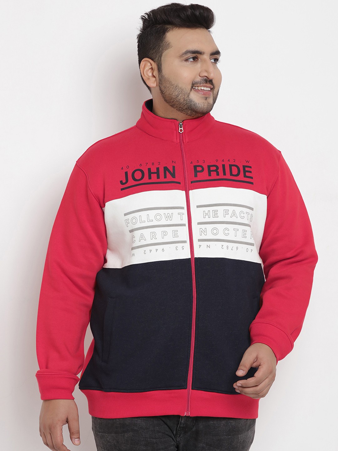 

John Pride Plus Size Men Red White Colourblocked Sweatshirt