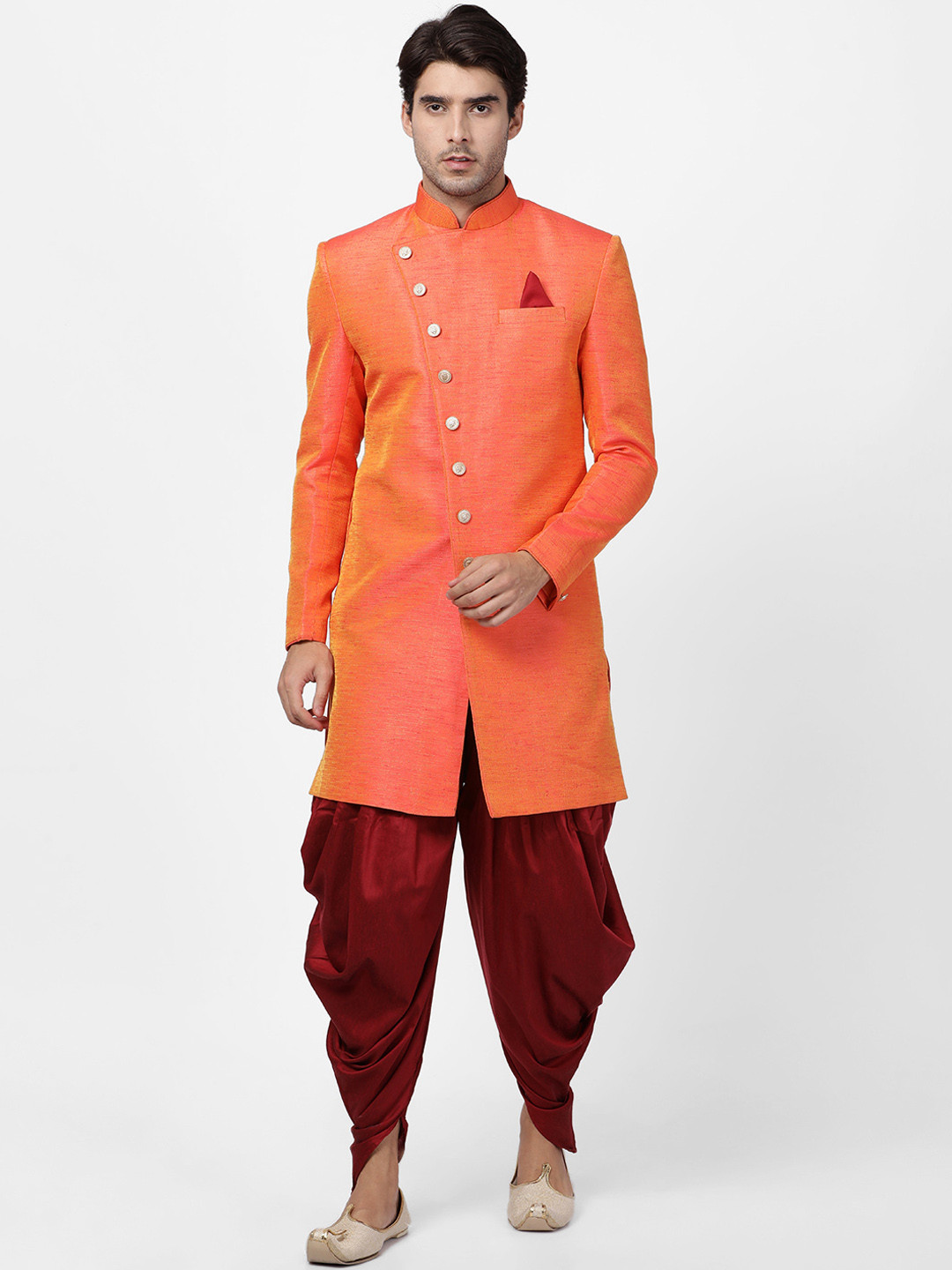 

VASTRAMAY Men Orange & Red Silk Sherwani with Dhoti Pants