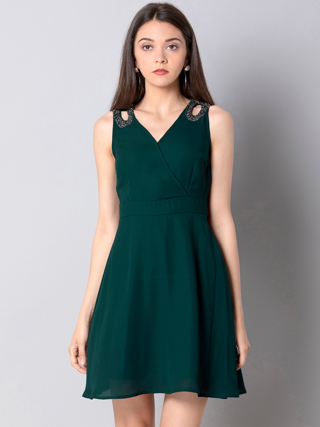 

FabAlley Women Solid Green Fit and Flare Dress