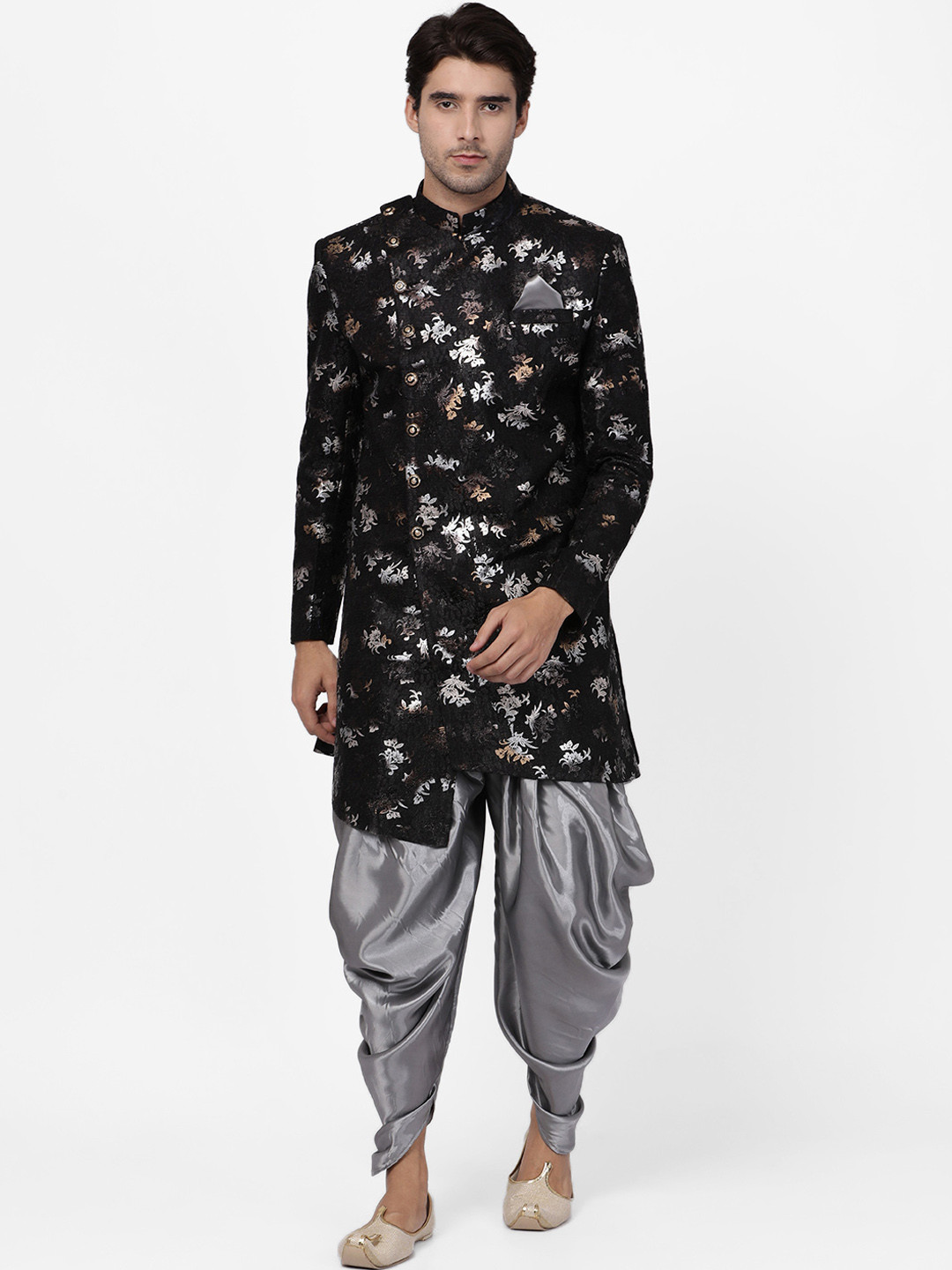 

VASTRAMAY Men Black & Grey Silk Sherwani with Dhoti Pants