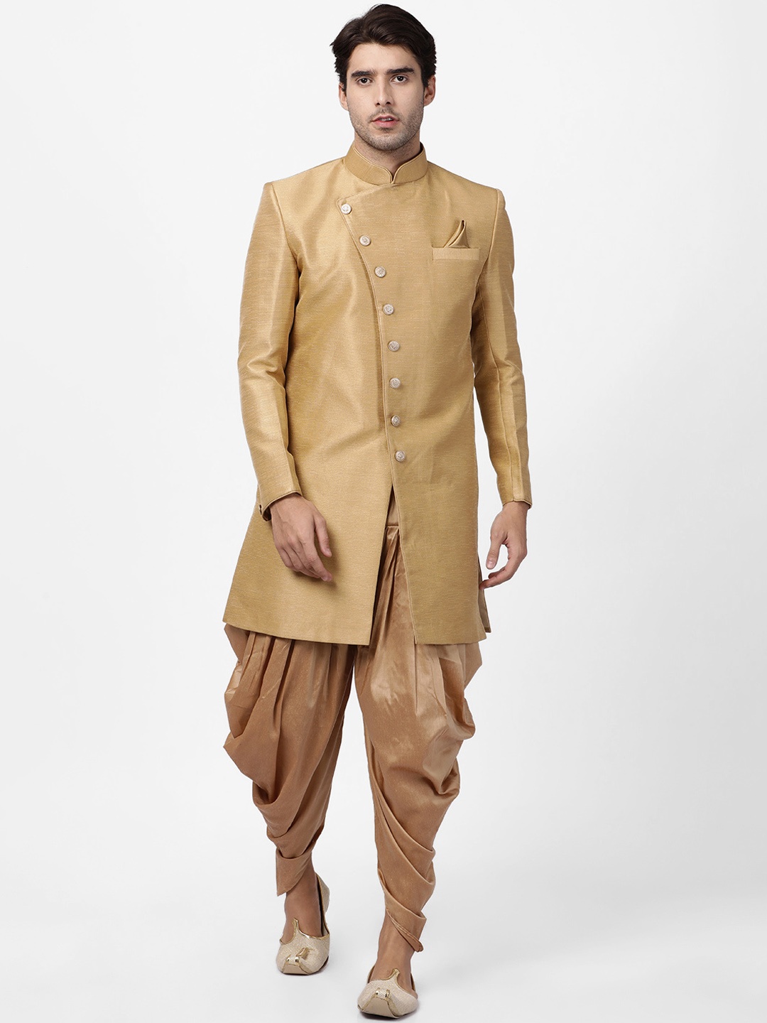 

VASTRAMAY Men Beige Silk Sherwani with Dhoti Pants