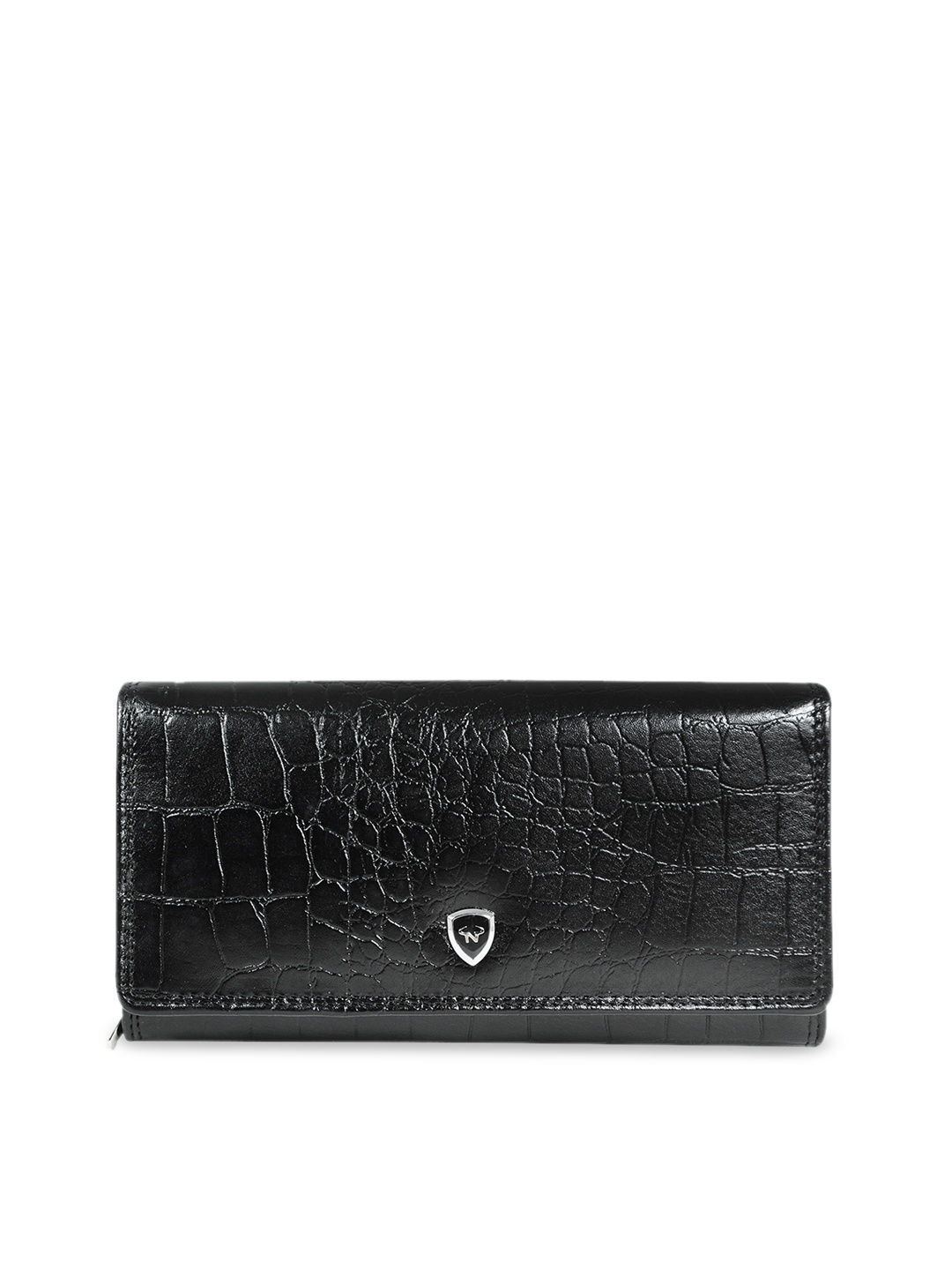 

CALFNERO Women Black Croc Pattern Leather Two Fold Wallet