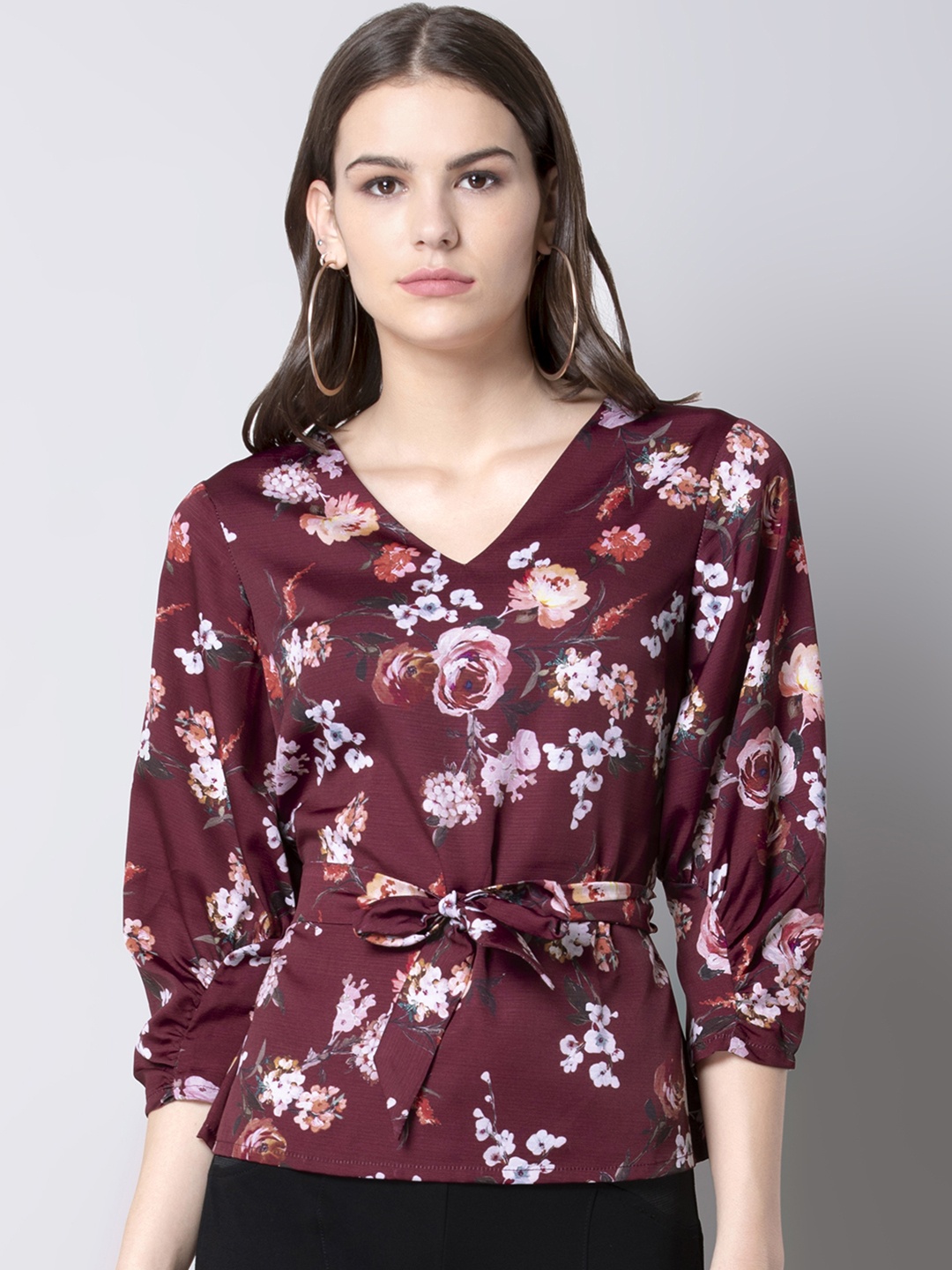 

FabAlley Women Maroon Floral Printed Cinched Waist Top