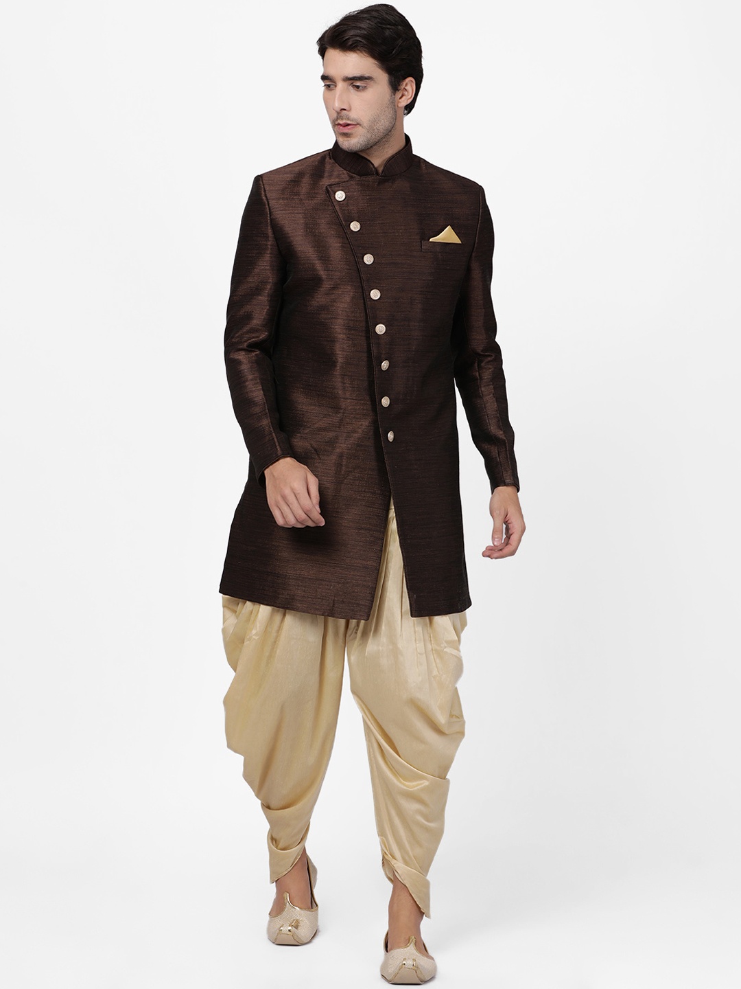 

VASTRAMAY Men Coffee Brown & Beige Silk Sherwani with Dhoti Pants