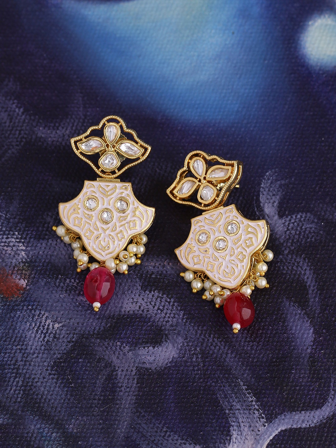 

Voylla Women Brass-Plated Handcrafted White Classic Drop Earrings, Gold
