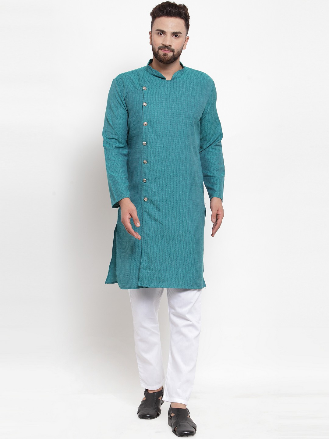 

Jompers Men Green & White Striped Kurta with Pyjamas
