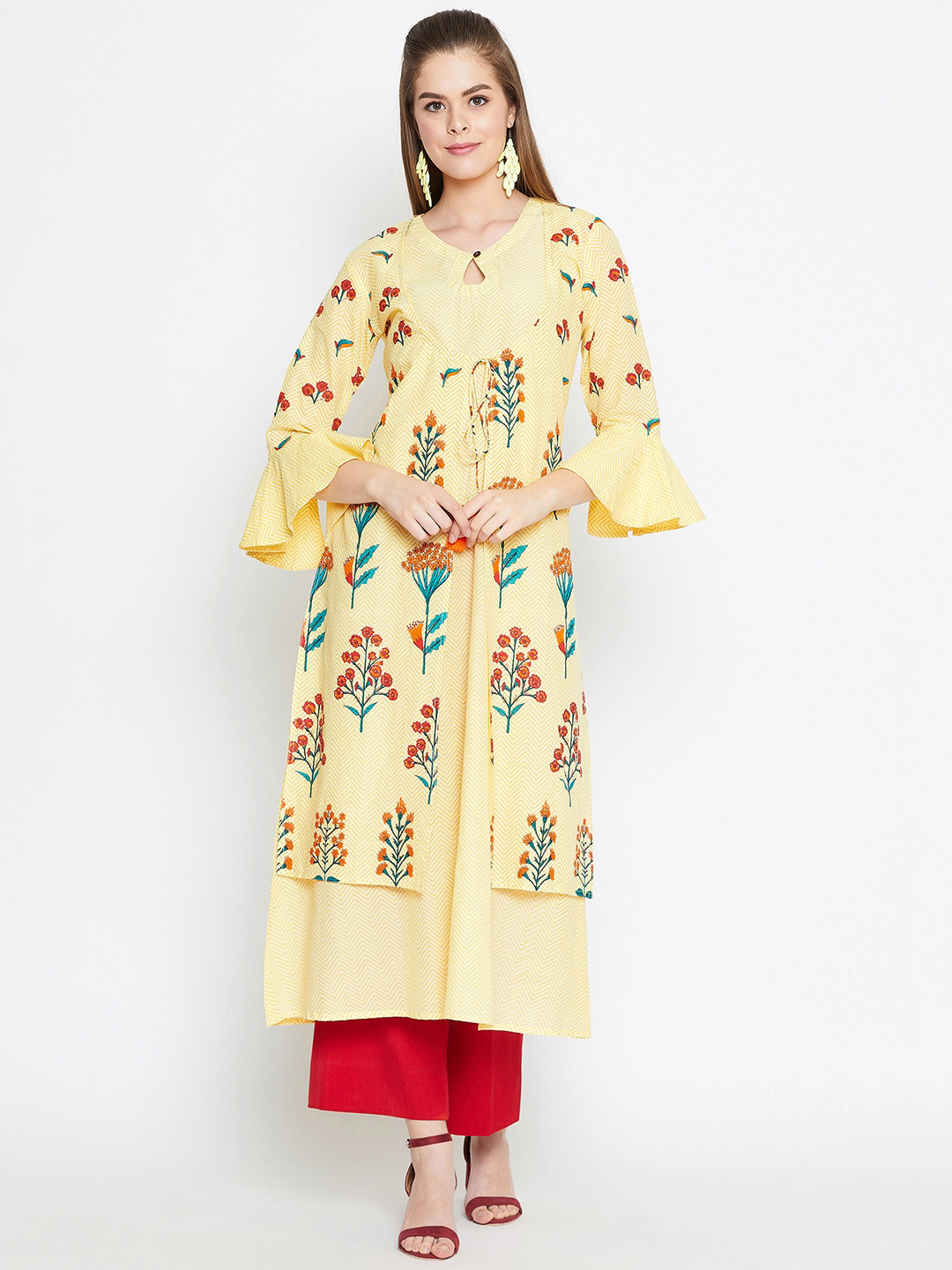 

Prakhya Women Yellow Printed A-Line Layered Kurta