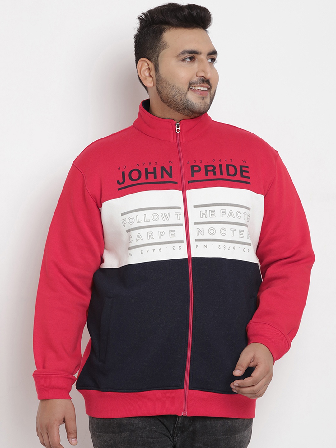 

John Pride Plus Size Men Red Black Colourblocked Sweatshirt