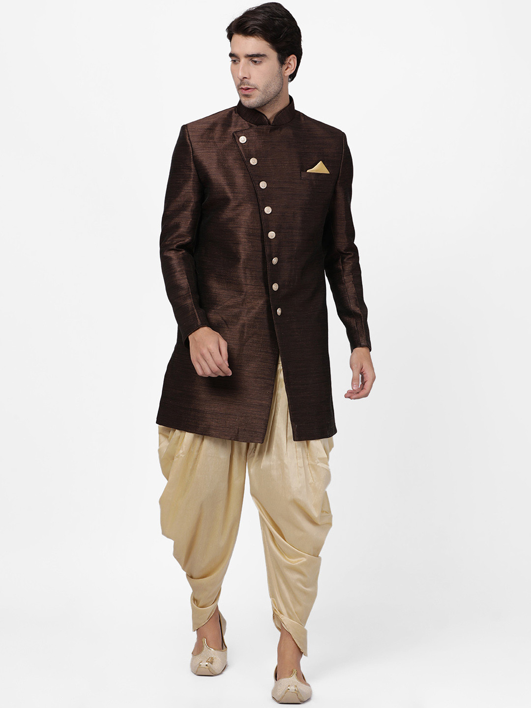 

VASTRAMAY Men Coffee Brown & Gold-Coloured Silk Sherwani with Dhoti Pants