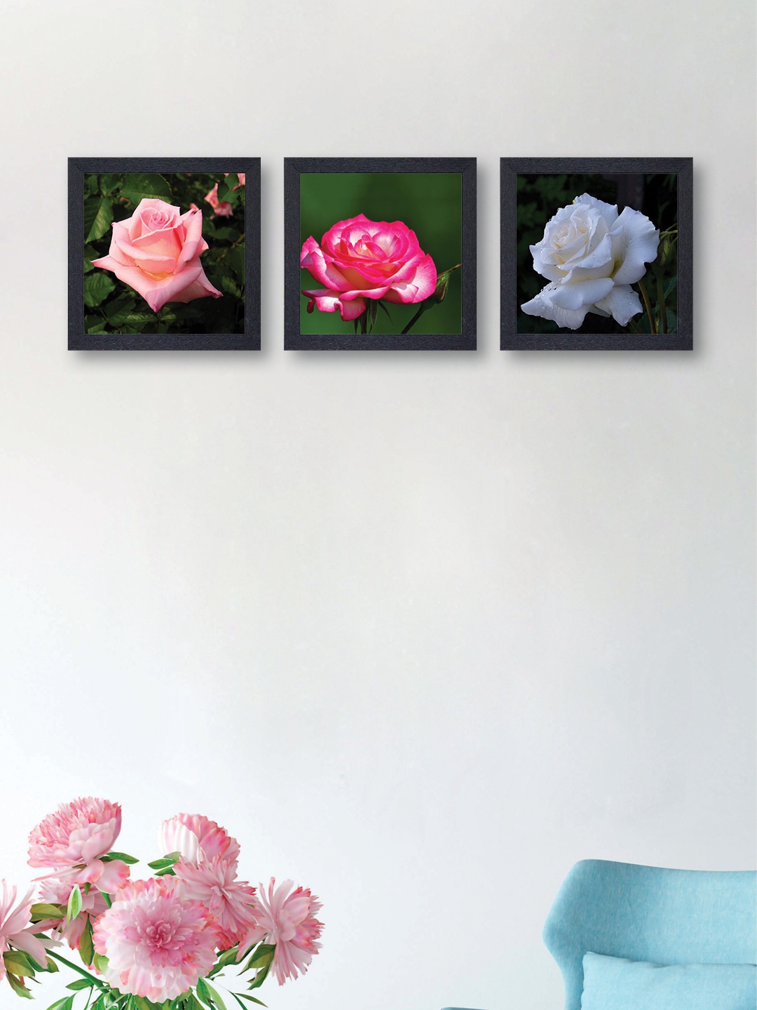 nest ART Multicoloured Set of 3 Rose Flower Synthetic Wood Wall Art, Multi
