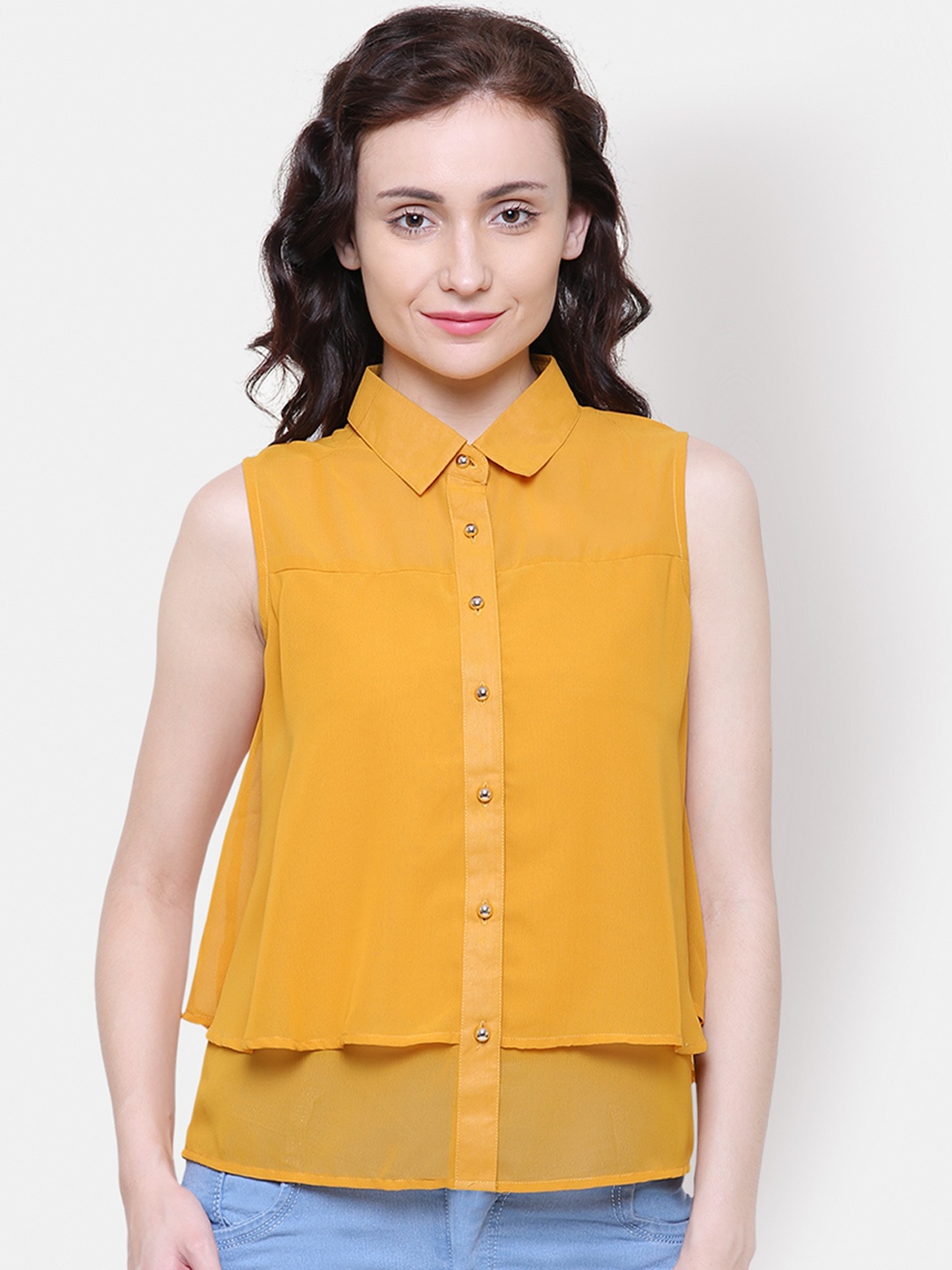 

Yaadleen Women Mustard Yellow Solid Shirt Style Top