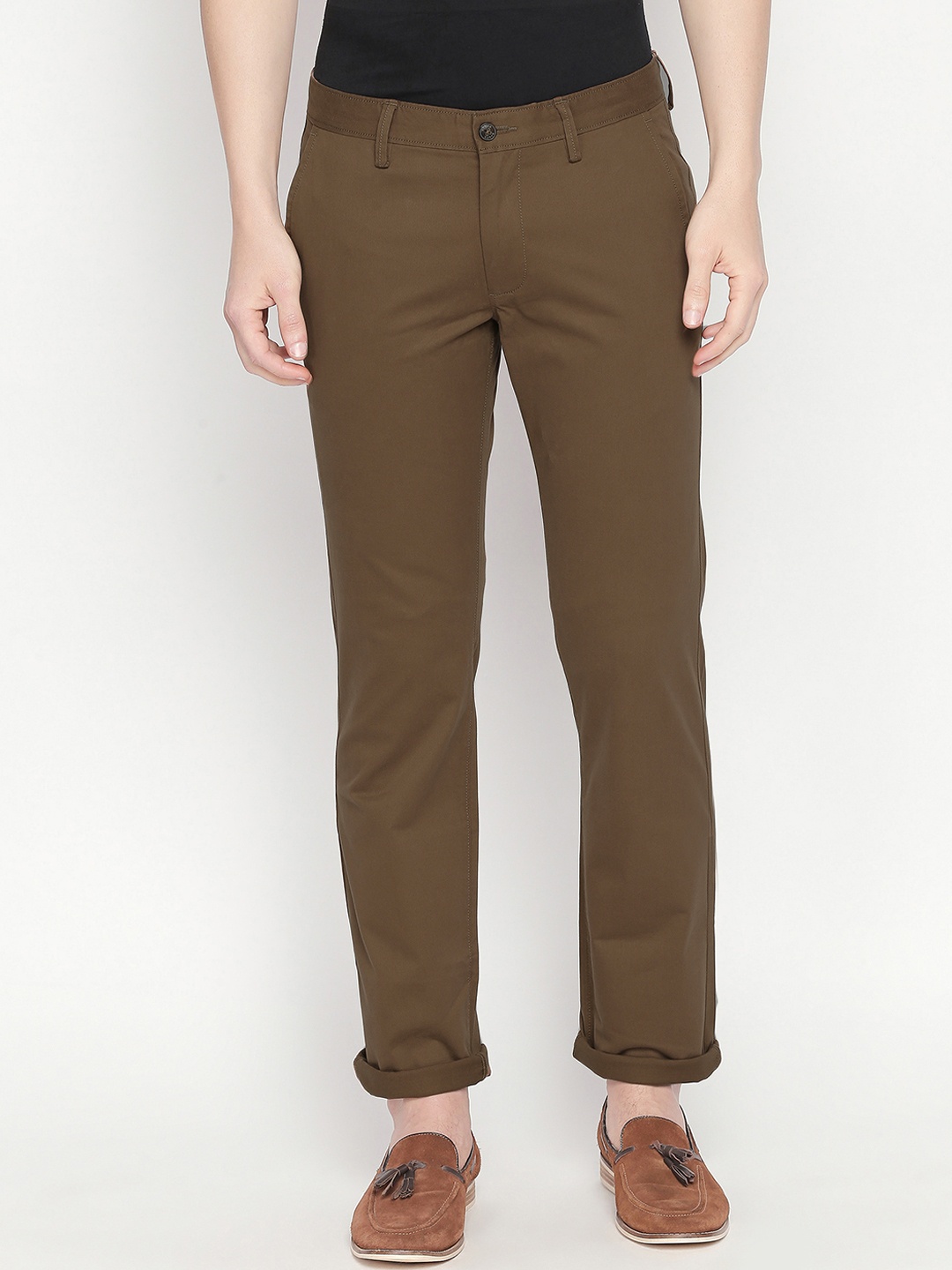 Basics Men Brown Tapered Fit Solid Regular Trousers