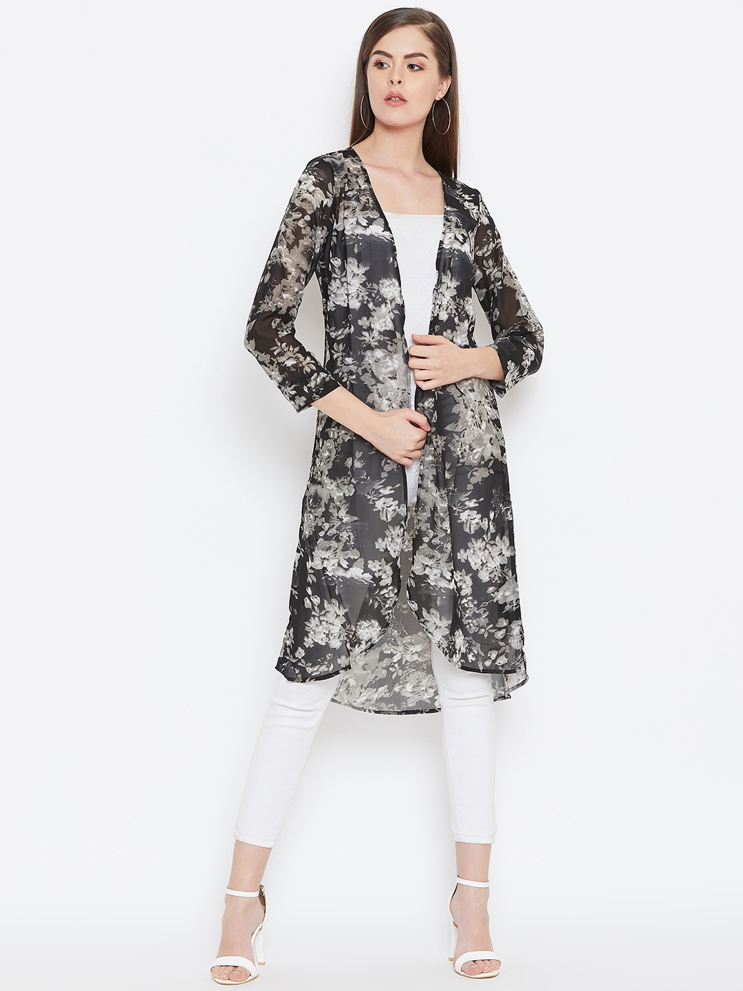 

PURYS Women Black & White Printed Open Front Shrug