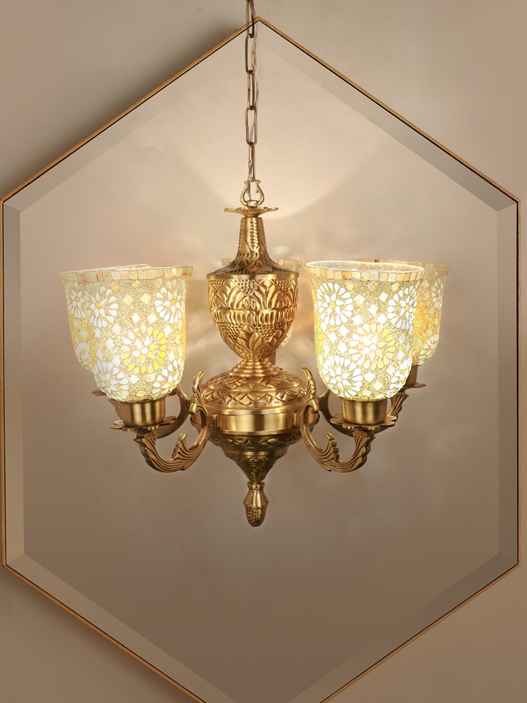 

Fos Lighting Gold-Toned Brass Cluster Light with Tilak Mosaic Glass Shades