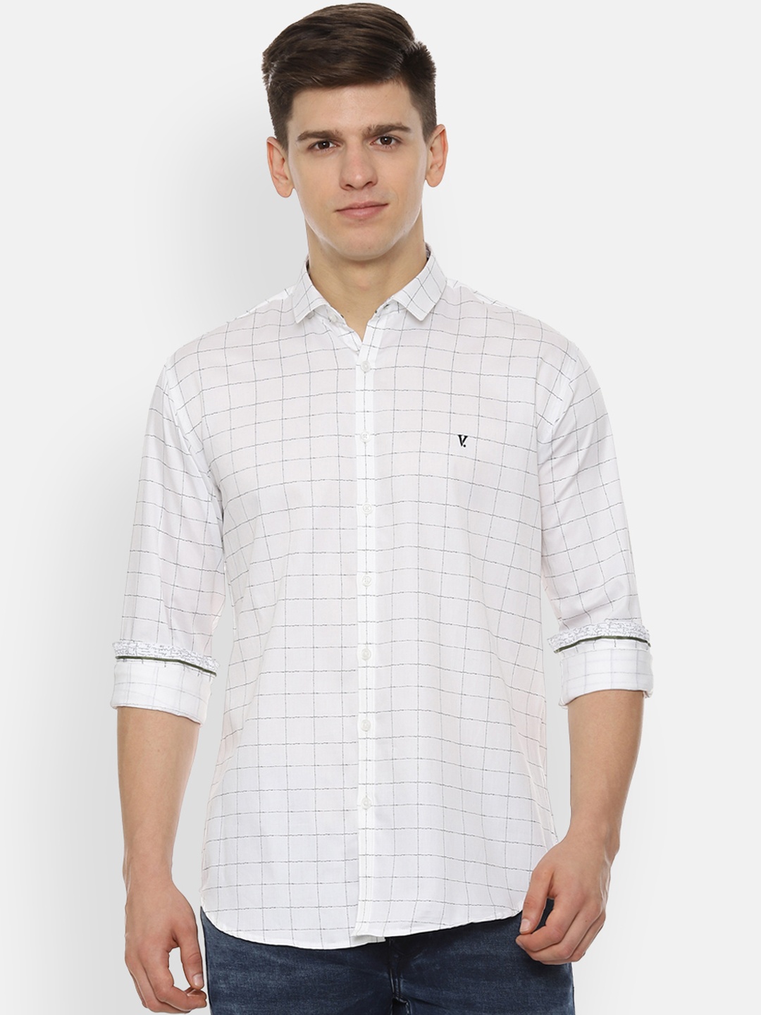 

V Dot Men White & Black Slim Fit Checked Casual Shirt